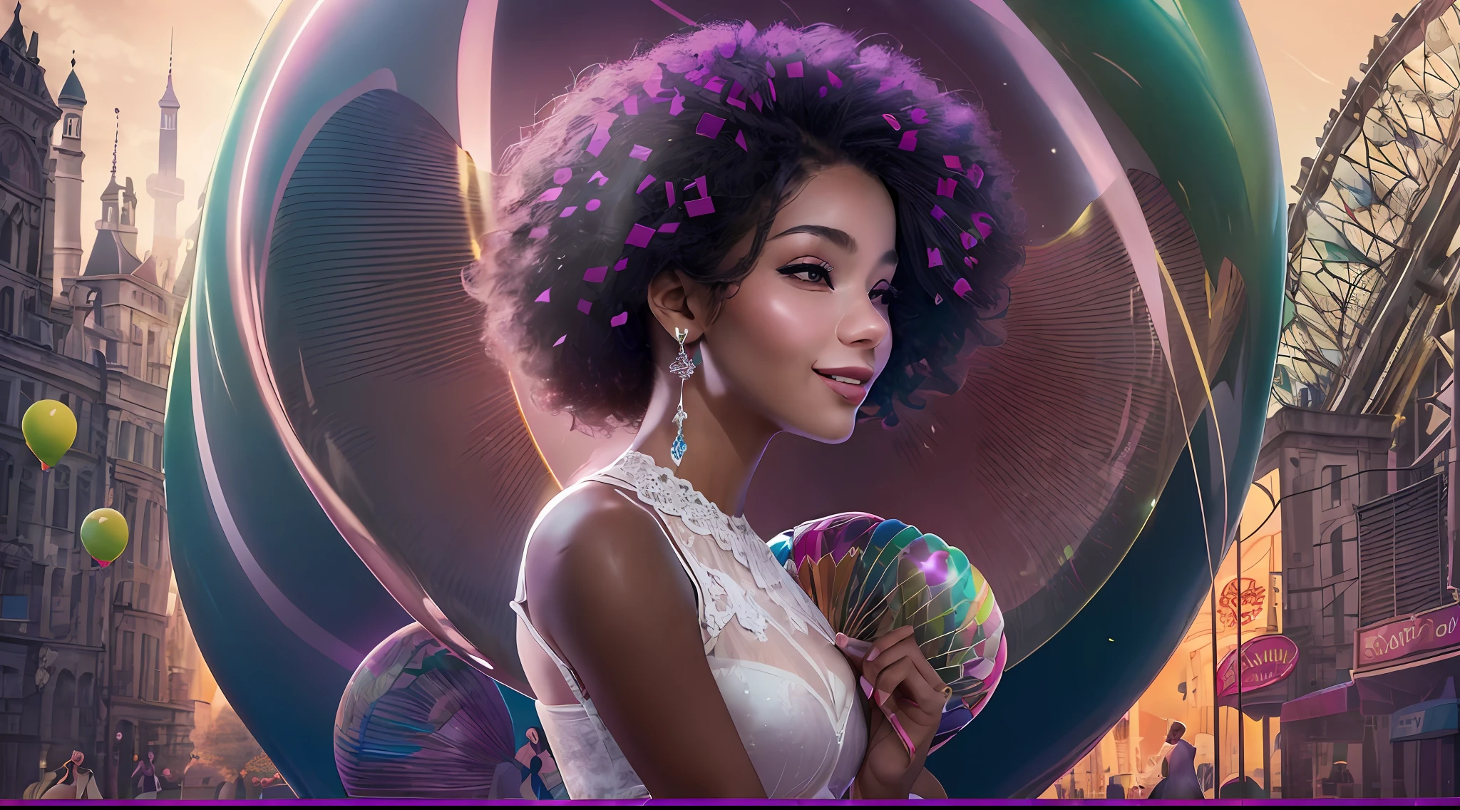 Poster making, infographiste, femme magnifique, in a futuristic amusement park, A dazzling young woman holding a purple balloon with encoded fractals inside this happy balloon, radiant femininity, heureuse et sensuelle, extremly detailed --v 6