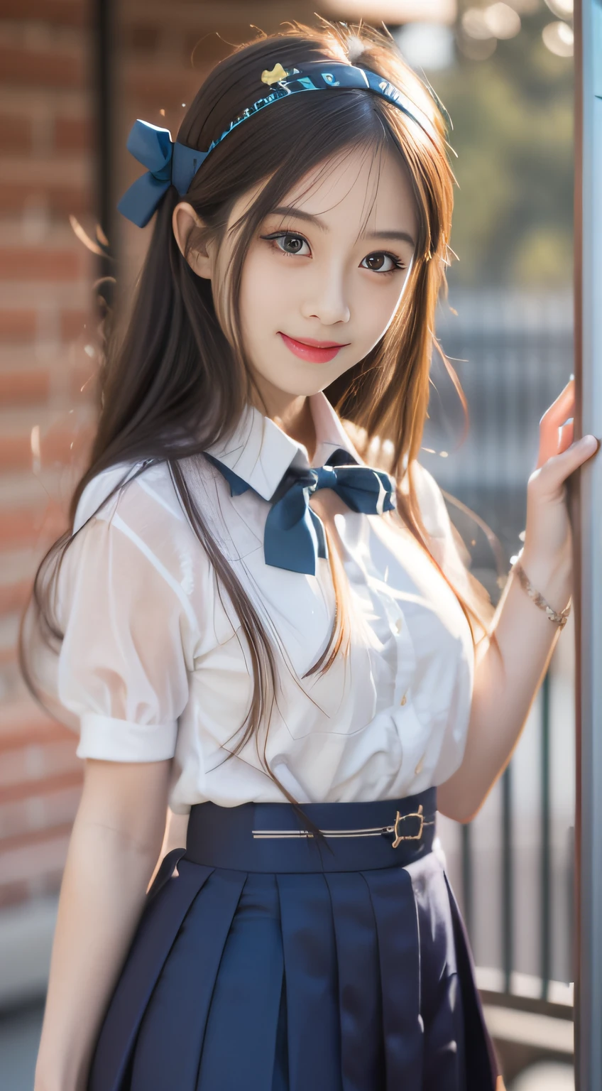 1girl, solo, (school uniform:1.4), green eyes, dress, looking_at_viewer, neck_ribbon, cute, clear facial skin, (best quality), (masterpiece:1.1)