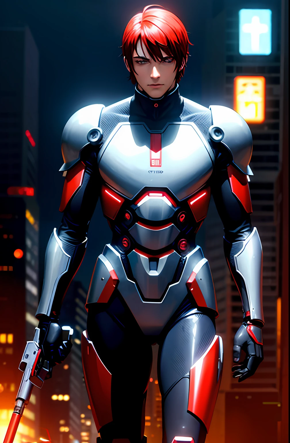 Dark_Fantasy, cyberpunk, (motosserra, homem da serra da corrente, vermelho: 1.1), 1man, mechanical marvel, robotic presence, cybernetic guardian, homem aranha