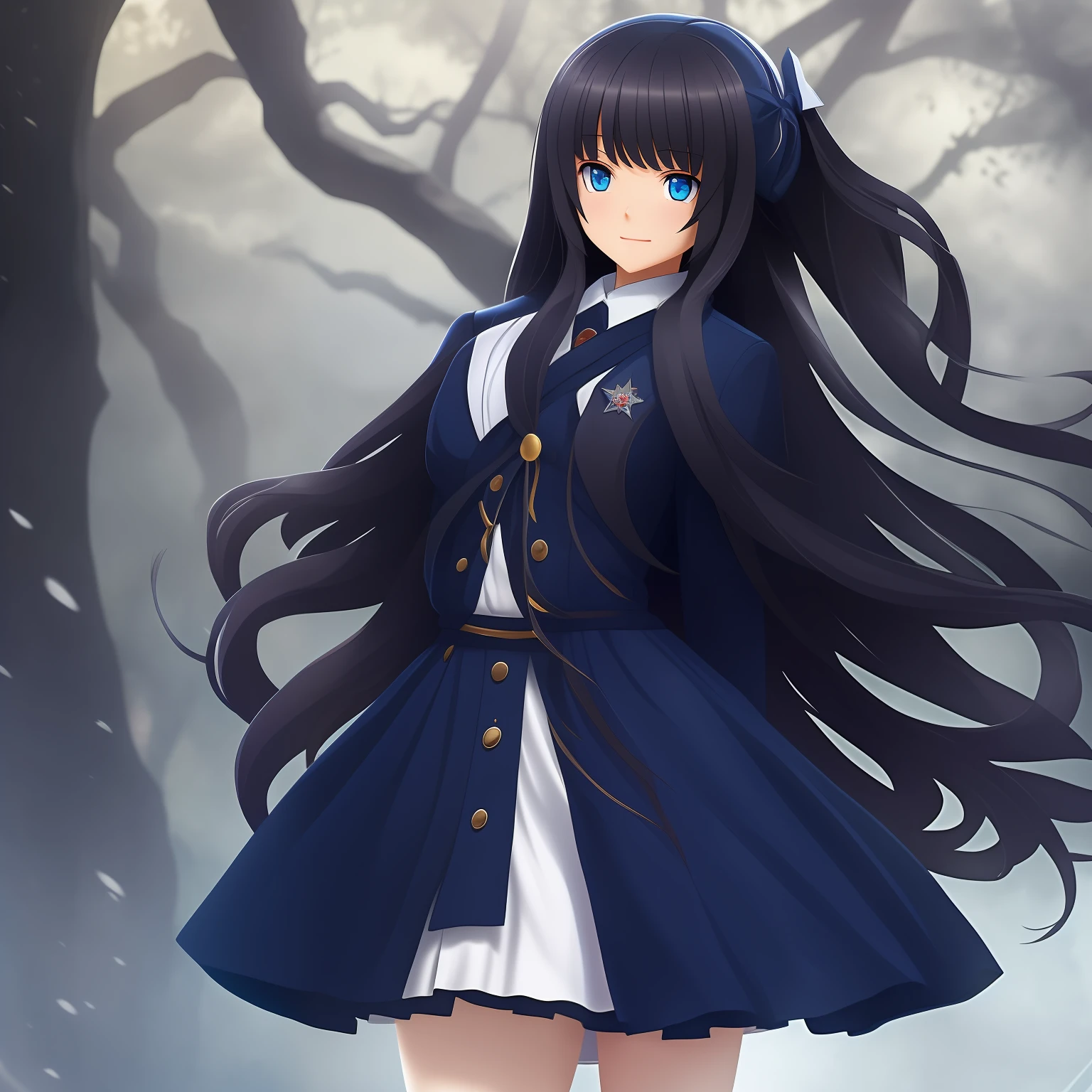 Isolated on white background、Imagine a standing statue in the game。The whole body is shown、It is a one-man position。Standing alone。In a novel game atmosphere、She is a long-haired schoolgirl with black hair, Neat and clean、Wearing a dark blue Japan uniform。Eyes are looking straight ahead