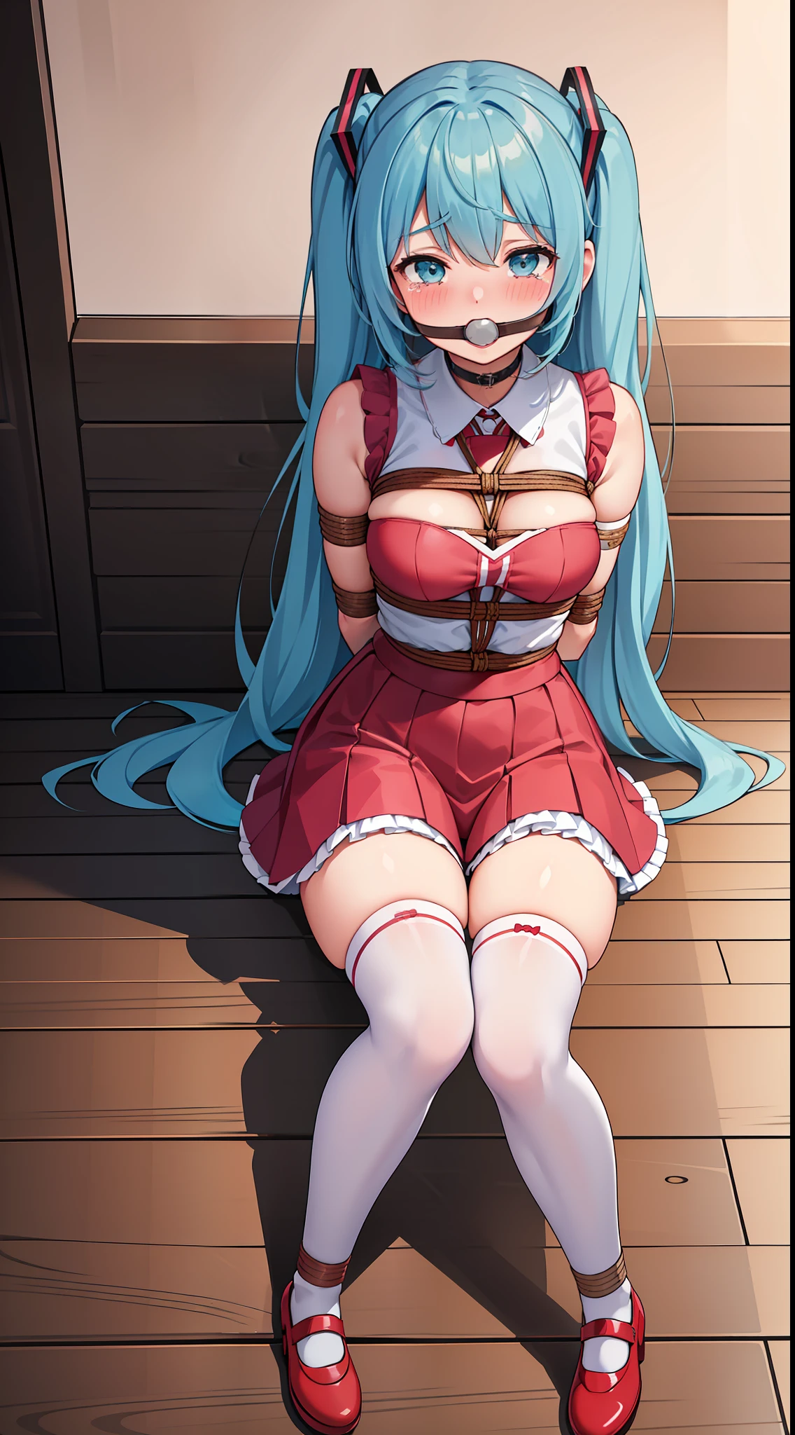 masterpiece, best quality,solo,((miku)),((kafuu chino)),((blush)), ((tears)), ((shy)),((gag)),((white thighhighs)),((frilled socks)), ((((mary janes)))),((arms_behind_back)),(()),((shibari