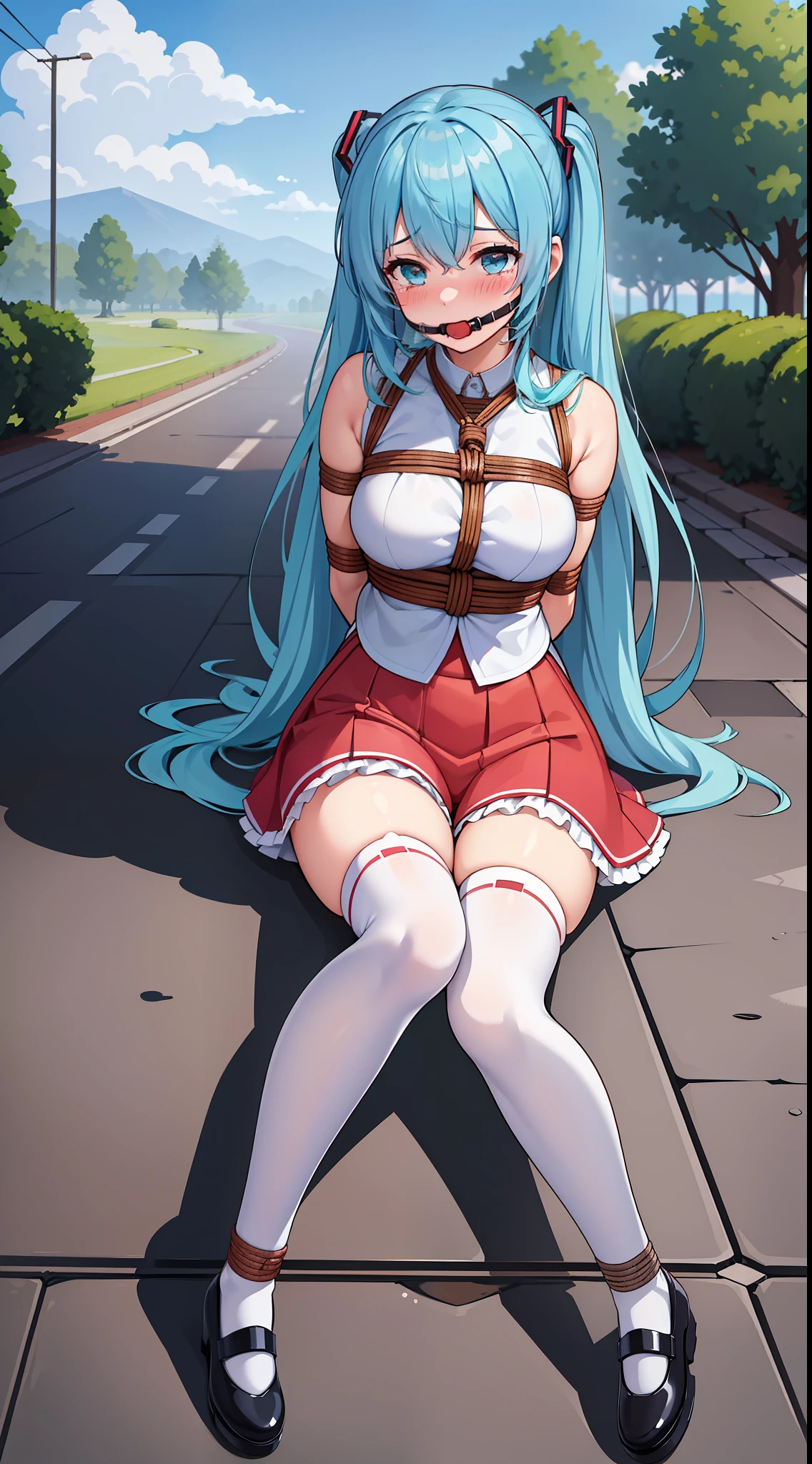 masterpiece, best quality,solo,((miku)),((kafuu chino)),((blush)), ((tears)), ((shy)),((gag)),((white thighhighs)),((frilled socks)), ((((mary janes)))),((arms_behind_back)),((bondage)),((shibari)),