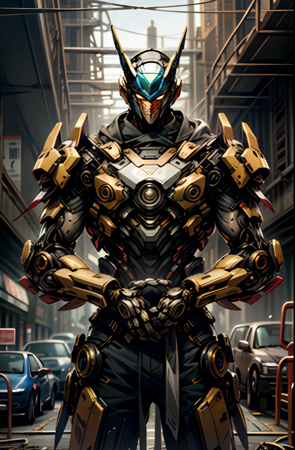 Dark_Fantasy,Cyberpunk,(chainsaw,chainsaw man,Red: 1.1),1man,Mechanical wonder,Robotic presence,Cybernetic guardian, wearing a worn mechanical suit, intricate, (steel metal [rusty]), elegant, clear focus, shot by greg rutkowski, soft lighting, vibrant colors, masterpiece, ((street)), cowboy shot, dynamic pose,https://www.google.com/url?sa=i&url=https%3A%2F%2Fwww.otempo.com. br%2Fentertainment%2Fmovies-and-series%2Fmovies-of-transformers-wasted-one-of-the-best-characters-of-the-franchise-1.2872960&psig=AOvVaw3T0-sZ3W2T0zEDf0B6Z5Ko&ust=1687558983339000&source=images&cd=vfe&ved=0CBEQjRxqFwoTCMjNwM6D0P8CFQAAAAAdAAAAABAE
