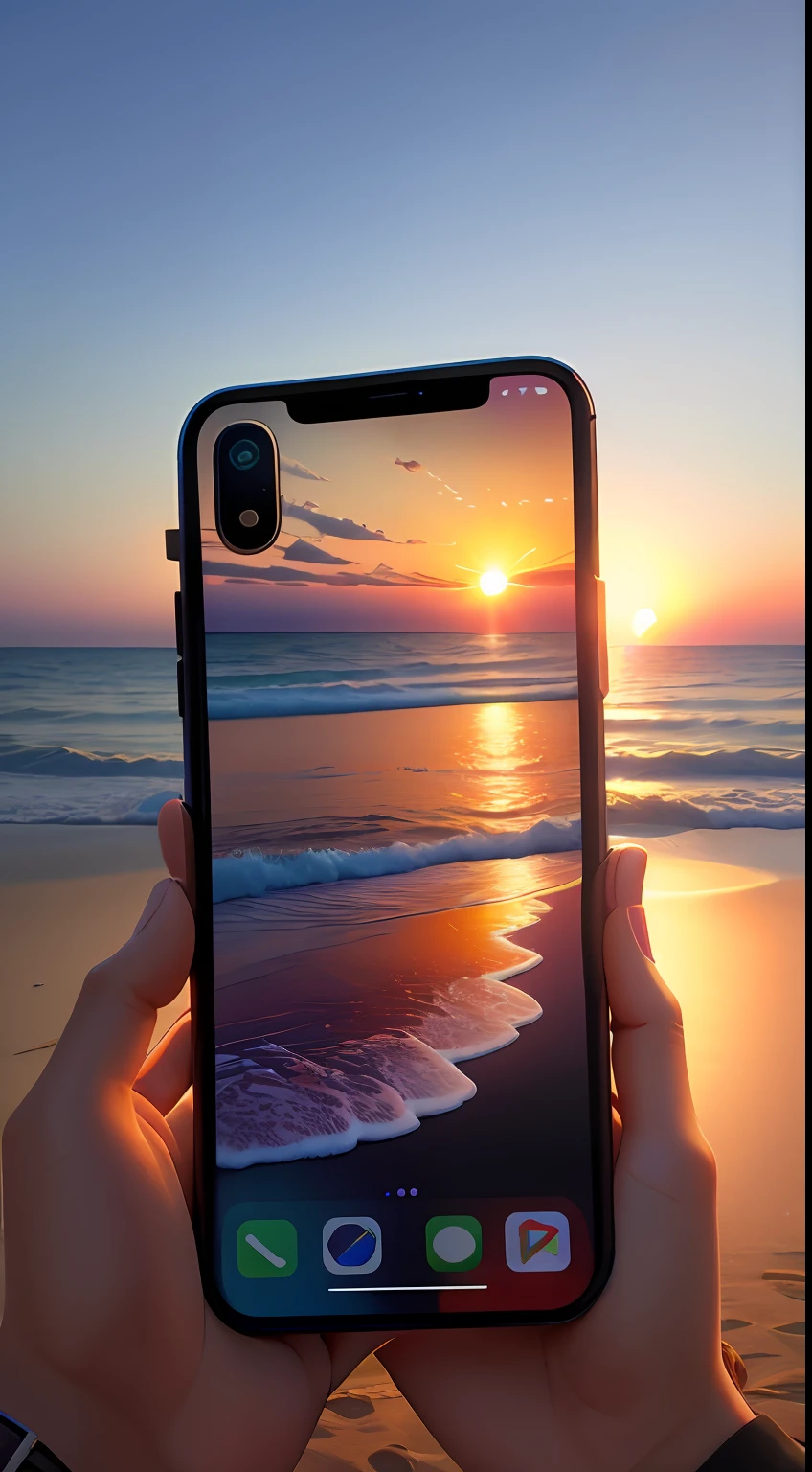 "Photorealistic illustration of an enchanting sunset scene with vibrant colors, showcasing the mesmerizing beauty of nature, featuring the latest iPhone X Pro Max. Highlight the sleek design and cutting-edge technology of the device, capturing its stunning display, advanced camera capabilities, and immersive user experience. Show a perfect blend of sophistication, elegance, and innovation in this artwork."