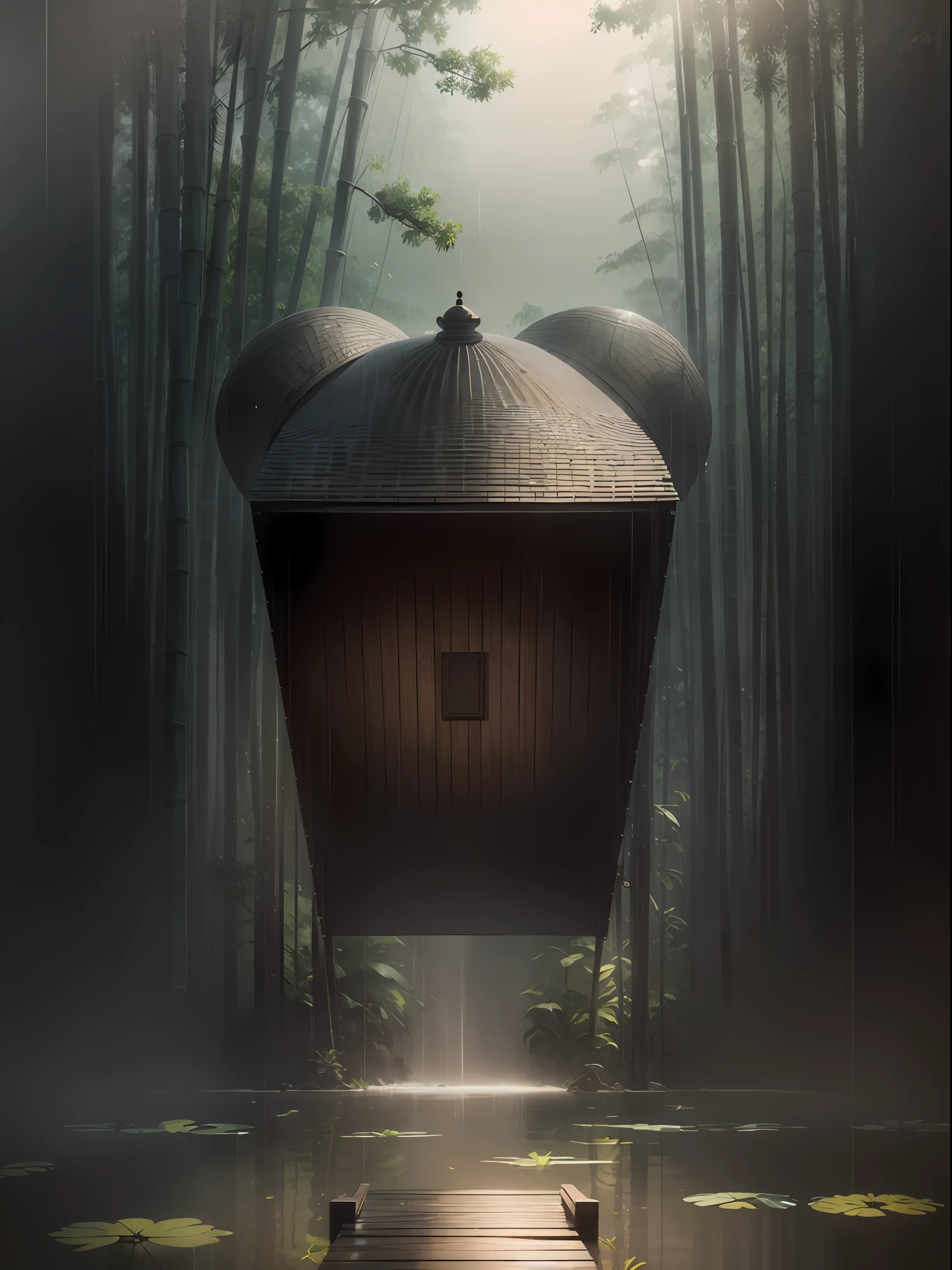 Realism style, photography, nikon, large aperture, mid-range photography, masterpiece, super high quality, gray tone, Chinese pavilion in the pond, Chinese style, bamboo forest background, rainy day, upward perspective, 2/3 of the subject, extreme detail, extreme quality, 4k, dream color, dream light and shadow