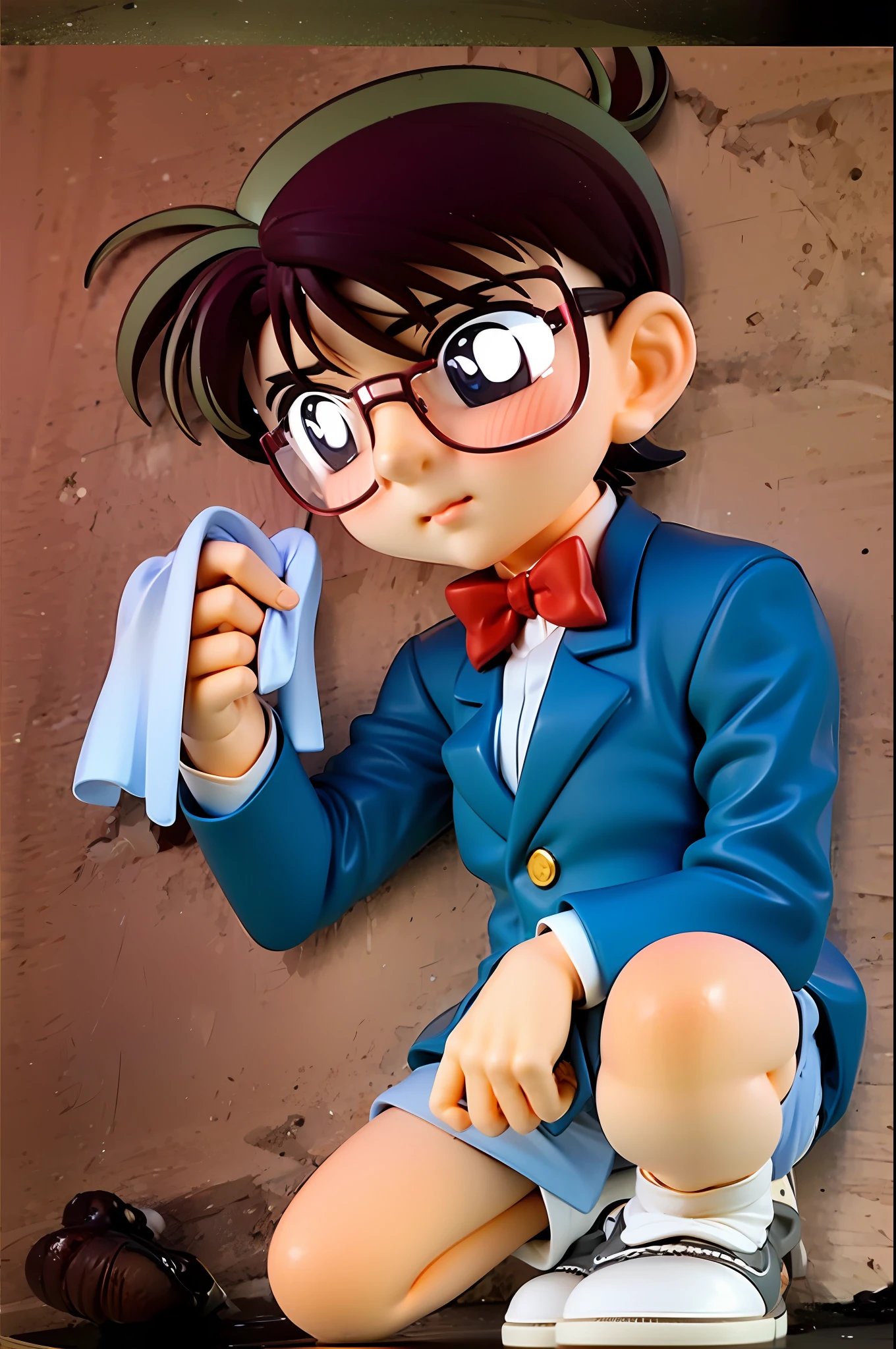 Conan Edogawa searches for clues to the case at the crime scene,squatt,Take a handkerchief, boy,Blue suit,blue short pants,White sneakers,Large-rim glasses,Red bow tie,tchibi