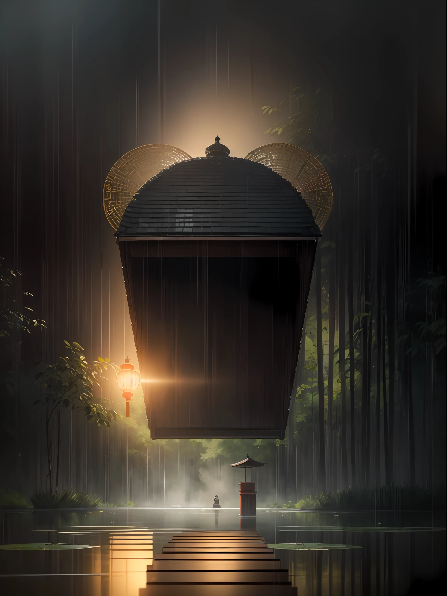 Realism style, photography, nikon, large aperture, mid-range photography, masterpiece, super high quality, gray tone, Chinese pavilion in the pond, Chinese style, bamboo forest background, rainy day, upward perspective, 2/3 of the subject, extreme detail, extreme quality, 4k, dream color, dream light and shadow