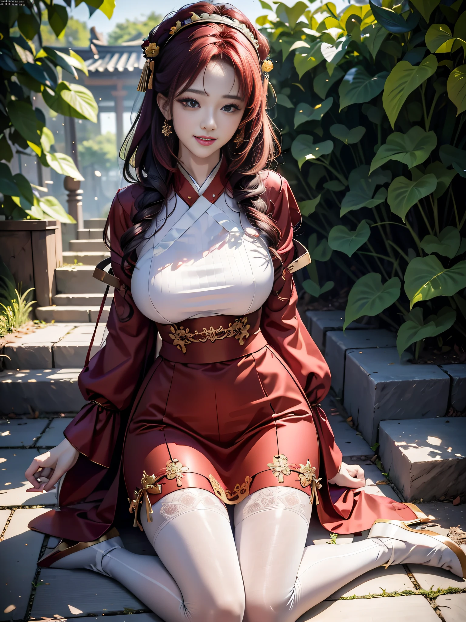 masterpiece, best quality, masterpiece,best quality,official art,extremely detailed CG unity 8k wallpaper, in the rain, photo, incredibly_absurdres, realistic, mature female, alternate hair color, red hairband, laughing, large breasts, purple pantyhose, kneeling, Hanfu