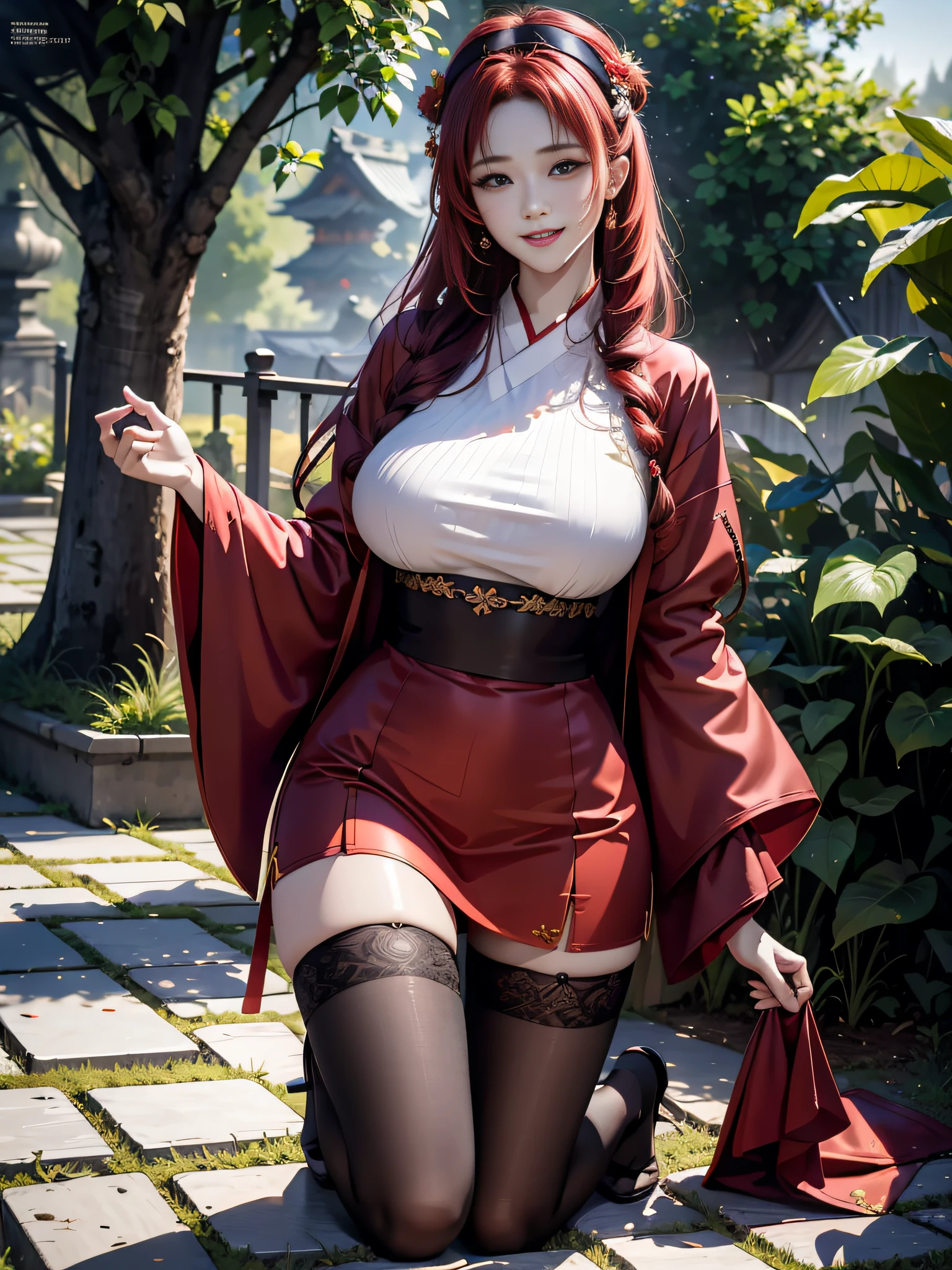 masterpiece, best quality, masterpiece,best quality,official art,extremely detailed CG unity 8k wallpaper, in the rain, photo, incredibly_absurdres, realistic, mature female, alternate hair color, red hairband, laughing, large breasts, purple pantyhose, kneeling, Hanfu