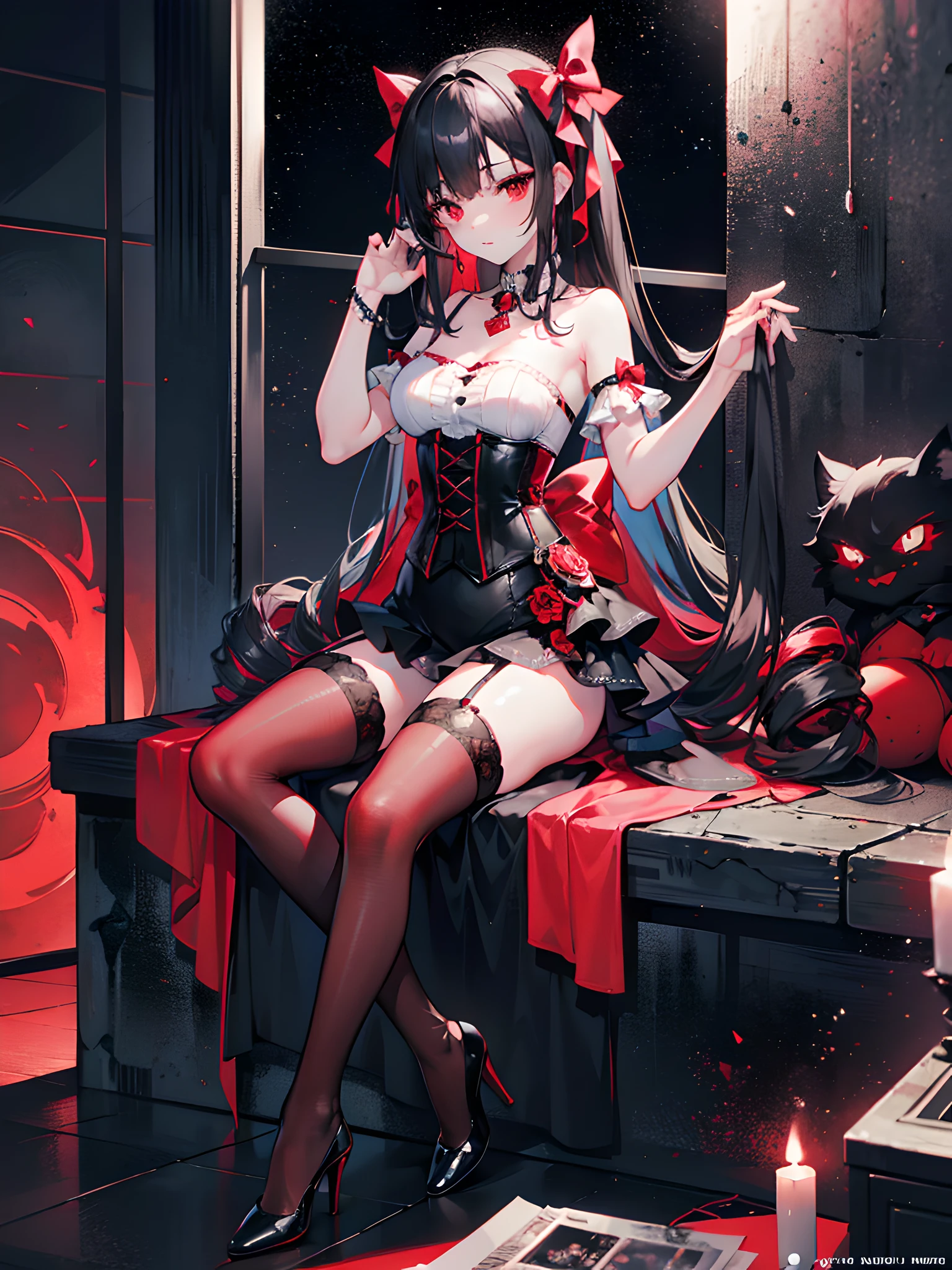 extremely detailed CG unity 8k wallpaper,tachie,illustration,(1girl),full body,twin drills,black hair,red eyes,symbol-shaped pupils,hair bow(red),black gothic dress(red corset),neck bow and bell,black thighhighs,high heels,shoulder holster,ruins,red moon,night sky,cyberpunk,