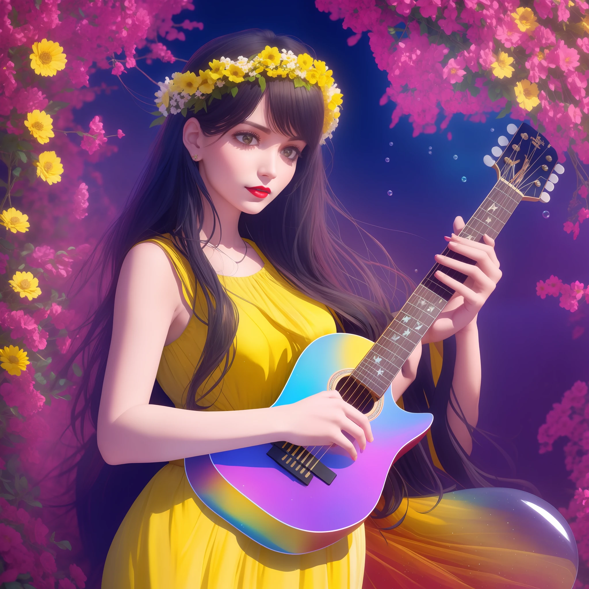 Dona de casa morena, Solo: Estilo: Boho Qualidade: Cantora Qualidade: Criativa Pintura: Delicate henna on hands and feet red lipstick Picture effect: Um filtro suave, creating an ethereal atmosphere around her Appearance: Wearing a long yellow dress without prints, a wreath in the long, black and loose hair Composition: Holding and playing a guitar and surrounded by flowers and soap bubbles.