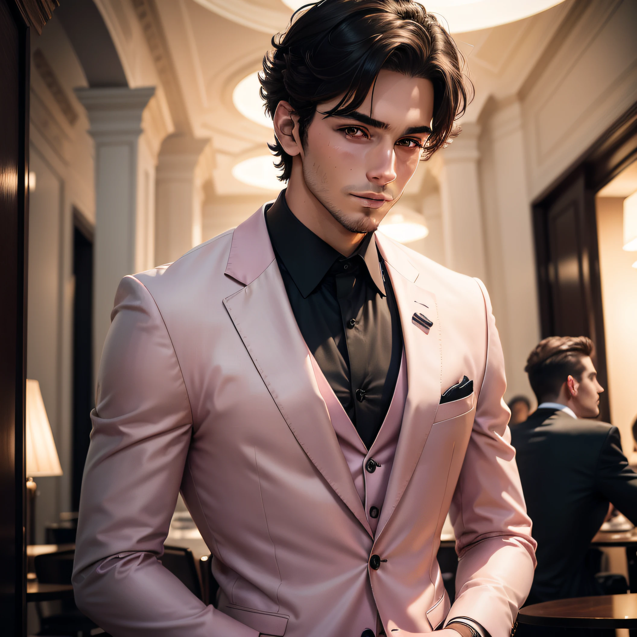 man in pink suit, head shot, looking at the camera, wearing Armani suites 20 year old man , at open cafe, in Paris, attractive man, attractive male, short black hair, high res, Itarian man, handsome male, brown-eyed man, realistic, soft smile, soft lighting,