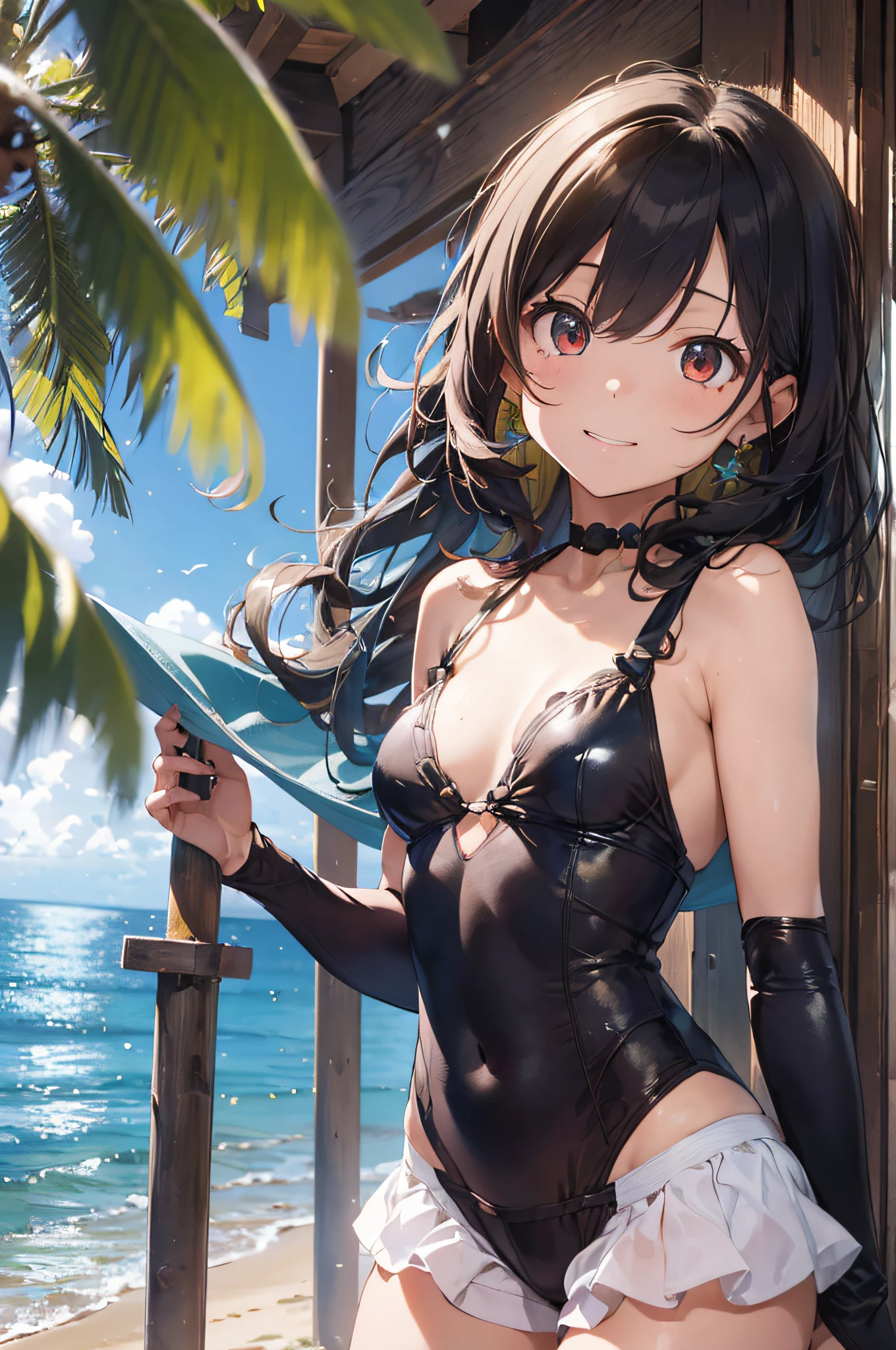（（（​masterpiece））、（（（top-quality））、（（extremely delicate and beautiful））、（Highly detailed CG Unity 8K wallpapers：1.3）、very delicate light、（Back lighting）、（steampunc）、

/=、
(((cowboy body))、(1loli:1.3)、独奏、(小柄)、(small tits)、Yellow swimsuit、High Waist Shorts、Vermilion hair、red eyes、耳环、(Wavy Curly Shorthair)、(Ahoge)、(Cute face:1.114)、(finely eye:1.15)、(cute  face:1.114)
、（Beautiful fine eyes and beautiful face：1.15）、
Girl with a smile、Look happy in a beautiful tropical landscape。Behind her the sun went down、Bring a warm glow to the scene、It creates a dreamy atmosphere。In the distance、Palm trees swaying in the breeze、sand beach、suns、the beach、mare、Horizon, etc.、It creates a laid-back retro atmosphere。

Highly detailed ray-traced wakame、wakame、wakame、wakame、wakame、wakame、wakame、