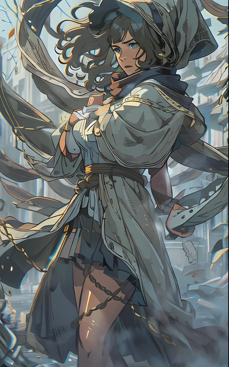 独奏. In the foreground is a girl of thirty years old, in a long cloak, long dark hair, Hands raised to the sky, Two transparent stones in the sky, looks at a sword stuck in the floor, Sitting on a throne, an intricate, Pattern, Realistic fantasy, 7K,A hyper-realistic, hyper-detailing, analog style, The wind whirls the leaves, The leaves are twisted into a spiral, The leaves fall off, , humble, An old cloak, detailed skin, Matte skin, soft-lighting, sub-surface Scattering, Realistic, Heavy shadow, Masterpiece, Best Quality, ultra realistis, 8K, the golden ratio, Intricate, high detail, Film photography, soft focus, Lonely girl in a raincoat with a hood on her head, An old scarf, wrapped around the head, Detailed appearance, Четкость 8 K, A huge loose rope weighs in front, In his hands, He's holding a huge rope, A whirlwind of leaves beneath your feet, BREAK , Illustrate a monochromatic world with the addition of green, Use only shades of black, White & gris, To convey depth, Emotions and striking visual impact. Landscapes."street fighter", in the style of 0MIB, many people, slums