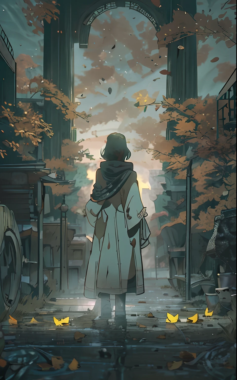 独奏.  In the foreground is a girl of thirty years old, in a long cloak, long dark hair, Hands raised to the sky, Two transparent stones in the sky,  looks at a sword stuck in the floor, Sitting on a throne, an intricate, Pattern, Realistic fantasy, 7K,A hyper-realistic, hyper-detailing, analog style, The wind whirls the leaves, The leaves are twisted into a spiral, The leaves fall off, , humble, An old cloak, detailed skin, Matte skin, soft-lighting, sub-surface Scattering, Realistic, Heavy shadow, Masterpiece, Best Quality, ultra realistis, 8K, the golden ratio, Intricate, high detail, Film photography, soft focus, Lonely girl in a raincoat with a hood on her head, An old scarf, wrapped around the head, Detailed appearance, Четкость 8 K, A huge loose rope weighs in front, In his hands, He's holding a huge rope, A whirlwind of leaves beneath your feet, BREAK , Illustrate a monochromatic world with the addition of green, Use only shades of black, White & gris, To convey depth, Emotions and striking visual impact. Landscapes."street fighter", in the style of 0MIB, many people, slums