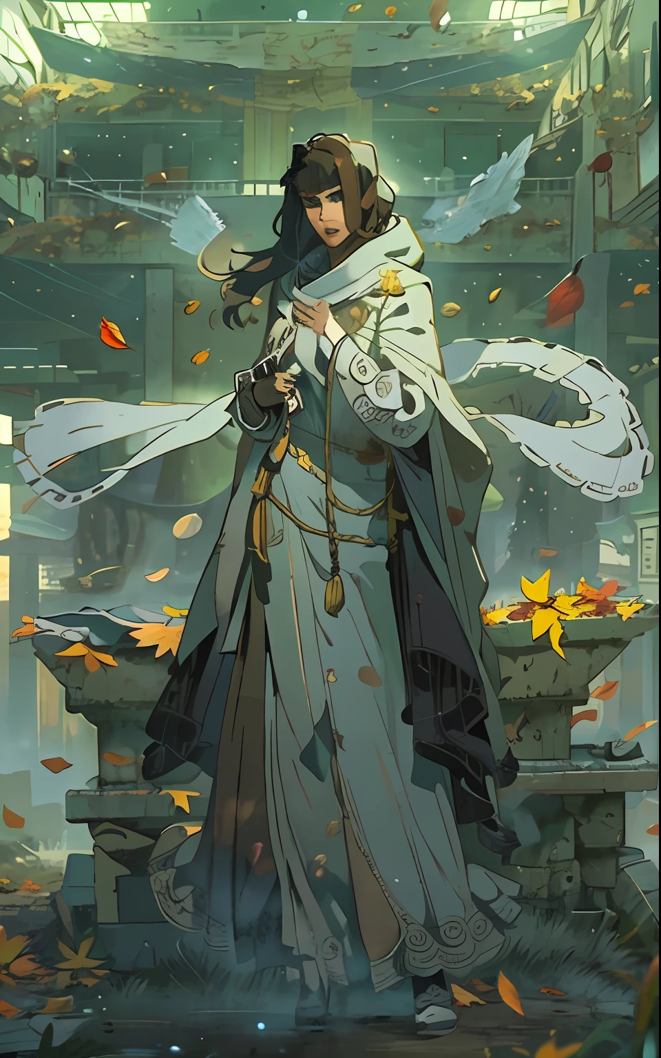 独奏.  In the foreground is a girl of thirty years old, in a long cloak, long dark hair, Hands raised to the sky, Two transparent stones in the sky,  looks at a sword stuck in the floor, Sitting on a throne, an intricate, Pattern, Realistic fantasy, 7K,A hyper-realistic, hyper-detailing, analog style, The wind whirls the leaves, The leaves are twisted into a spiral, The leaves fall off, , humble, An old cloak, detailed skin, Matte skin, soft-lighting, sub-surface Scattering, Realistic, Heavy shadow, Masterpiece, Best Quality, ultra realistis, 8K, the golden ratio, Intricate, high detail, Film photography, soft focus, Lonely girl in a raincoat with a hood on her head, An old scarf, wrapped around the head, Detailed appearance, Четкость 8 K, A huge loose rope weighs in front, In his hands, He's holding a huge rope, A whirlwind of leaves beneath your feet, BREAK , Illustrate a monochromatic world with the addition of green, Use only shades of black, White & gris, To convey depth, Emotions and striking visual impact. Landscapes."street fighter", in the style of 0MIB, many people, slums