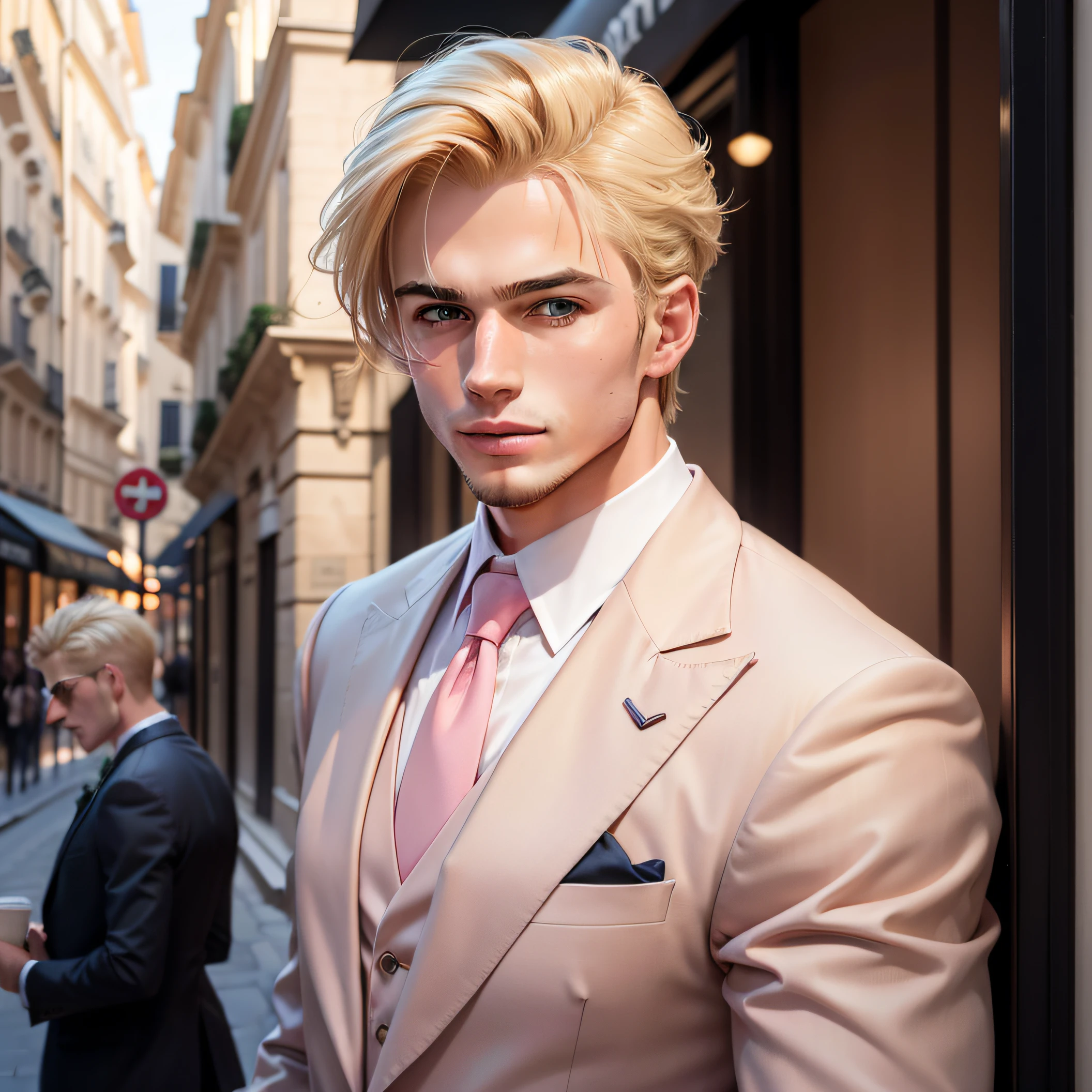 blond hair man in pink suit, head shot, looking at the camera, wearing Armani suites 25 year old man , at open cafe, side street, drinking coffee, in Paris, attractive man, attractive male, short blond hair, high res, Italian man, handsome male, brown-eyed man, realistic, soft smile, soft lighting,