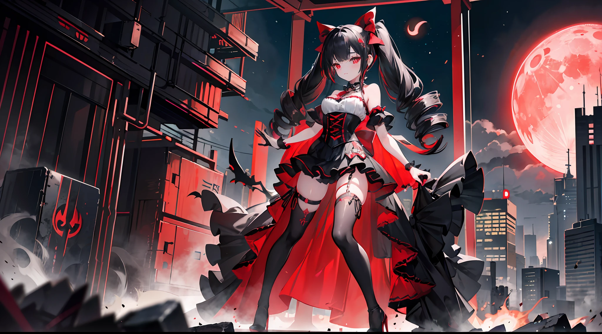 extremely detailed CG unity 8k wallpaper,tachie,illustration,(1girl),full body,twin drills,black hair,red eyes,symbol-shaped pupils,hair bow(red),black gothic dress(red corset),neck bow and bell,black thighhighs,high heels,shoulder holster,ruins,red moon,night sky,cyberpunk,