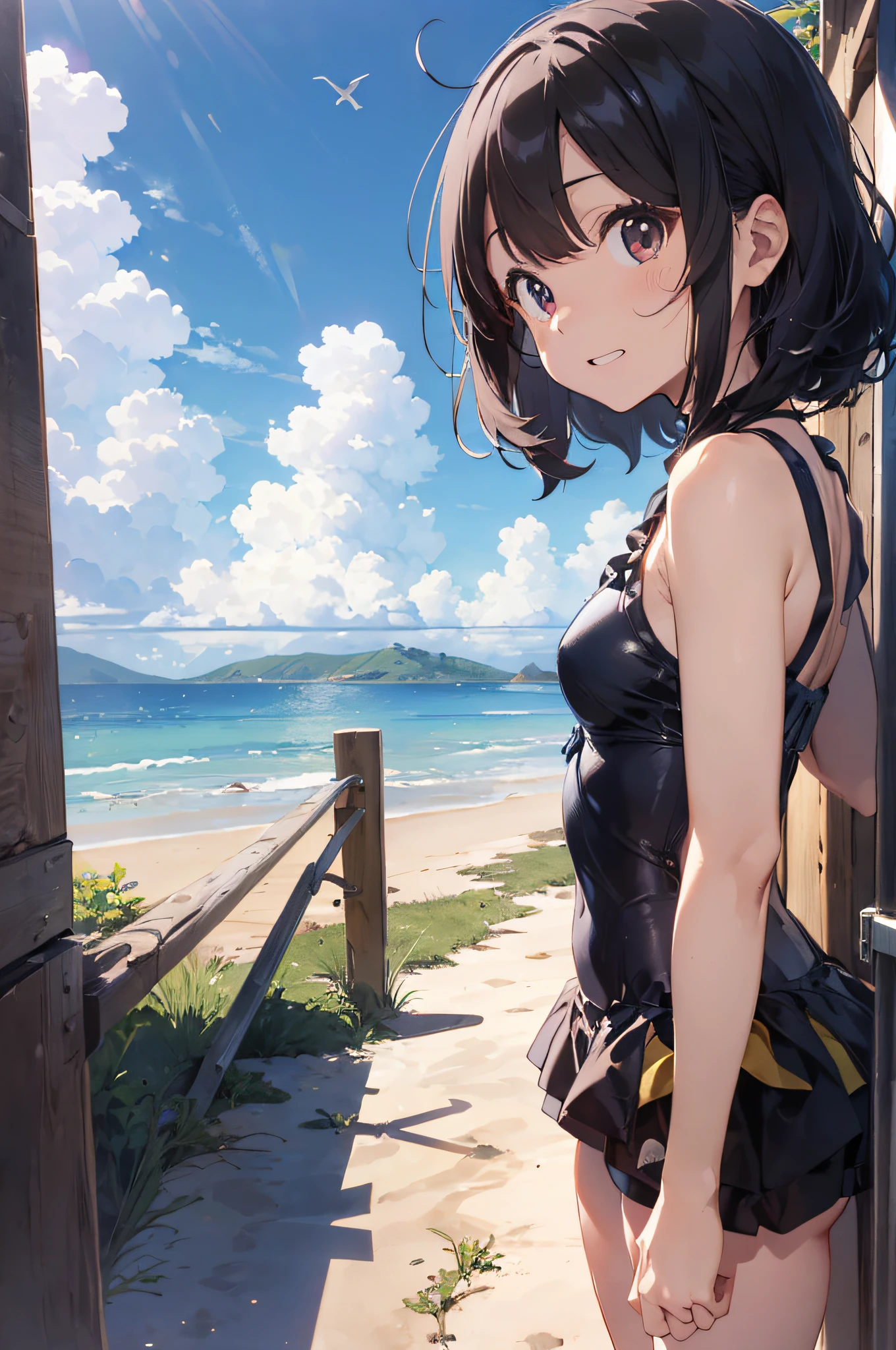 （（（​masterpiece））、（（（top-quality））、（（extremely delicate and beautiful））、（Highly detailed CG Unity 8K wallpapers：1.3）、very delicate light、（Back lighting）、（steampunc）、

/=、
(((cowboy body))、(1loli:1.3)、独奏、(小柄)、(small tits)、Yellow swimsuit、High Waist Shorts、Vermilion hair、red eyes、耳环、(Wavy Curly Shorthair)、(Ahoge)、(Cute face:1.114)、(finely eye:1.15)、(cute  face:1.114)
、（Beautiful fine eyes and beautiful face：1.15）、
Girl with a smile、Look happy in a beautiful tropical landscape。Behind her the sun went down、Bring a warm glow to the scene、It creates a dreamy atmosphere。In the distance、Palm trees swaying in the breeze、sand beach、suns、the beach、mare、Horizon, etc.、It creates a laid-back retro atmosphere。

Highly detailed ray-traced wakame、wakame、wakame、wakame、wakame、wakame、wakame、