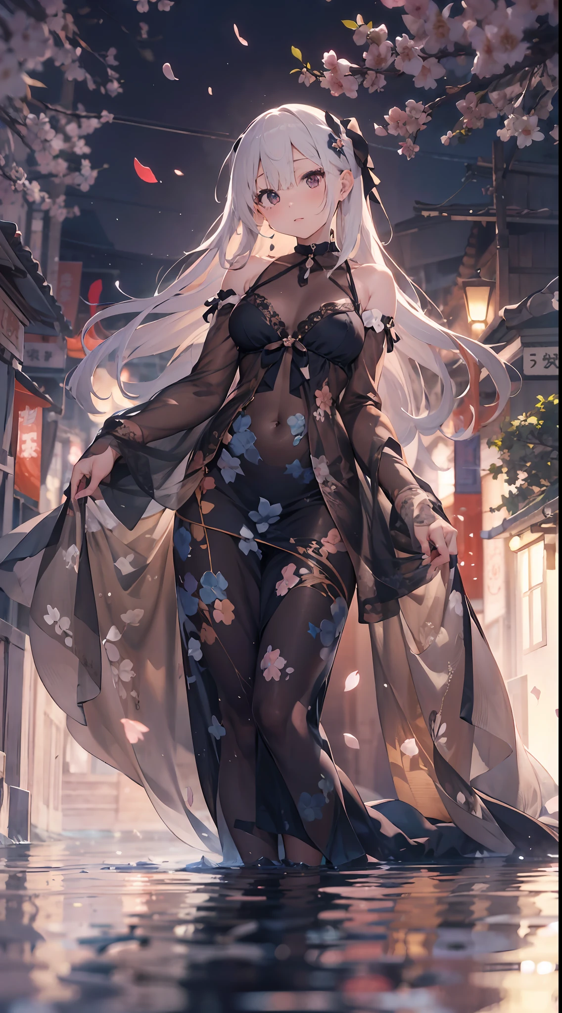 Loose clothing、cropped shoulders、Dark string dress、How to wear a black dress、Decorated with intricate patterns and bright colors、transparent materials,Makes skin shiny、The artwork depicts seductive female dresses wearing damp cloth and transparent skin, Floral and dreamy patterns,Traditional clear skin,Smooth as silky smooth。Her dress draped elegantly over her curvaceous figure、Emphasize her captivating silhouette。She is a gentle night of fireworks、Dynamic posing、sexyposture、Bask in soft moonlight。The scene is、With a touch of mystery and sexiness、It exudes an ethereal dreamy atmosphere。The image style is、It combines watercolor and digital illustration techniques.、Let you feel the exquisite beauty and charm。soft moonlight lighting、casting soft highlights and shadows on her charming features。Dynamic posing、Bold Pose、The hand is somewhere、ssee-through、show through、A sexy、Wet hair、Wet、(the cherry trees、Flower petals、SakuraNS、the cherry trees、Sakura Blizzard 1.5)、submerged、Transparent skin、Wet clothes、(Chest 1.2)、Navel Ejection、Swaying in the wind、Burgundy、pale red、(Laziness 1.5)、Lace color、lace choker、choker necklace、Lie on your back on the water、New lining、