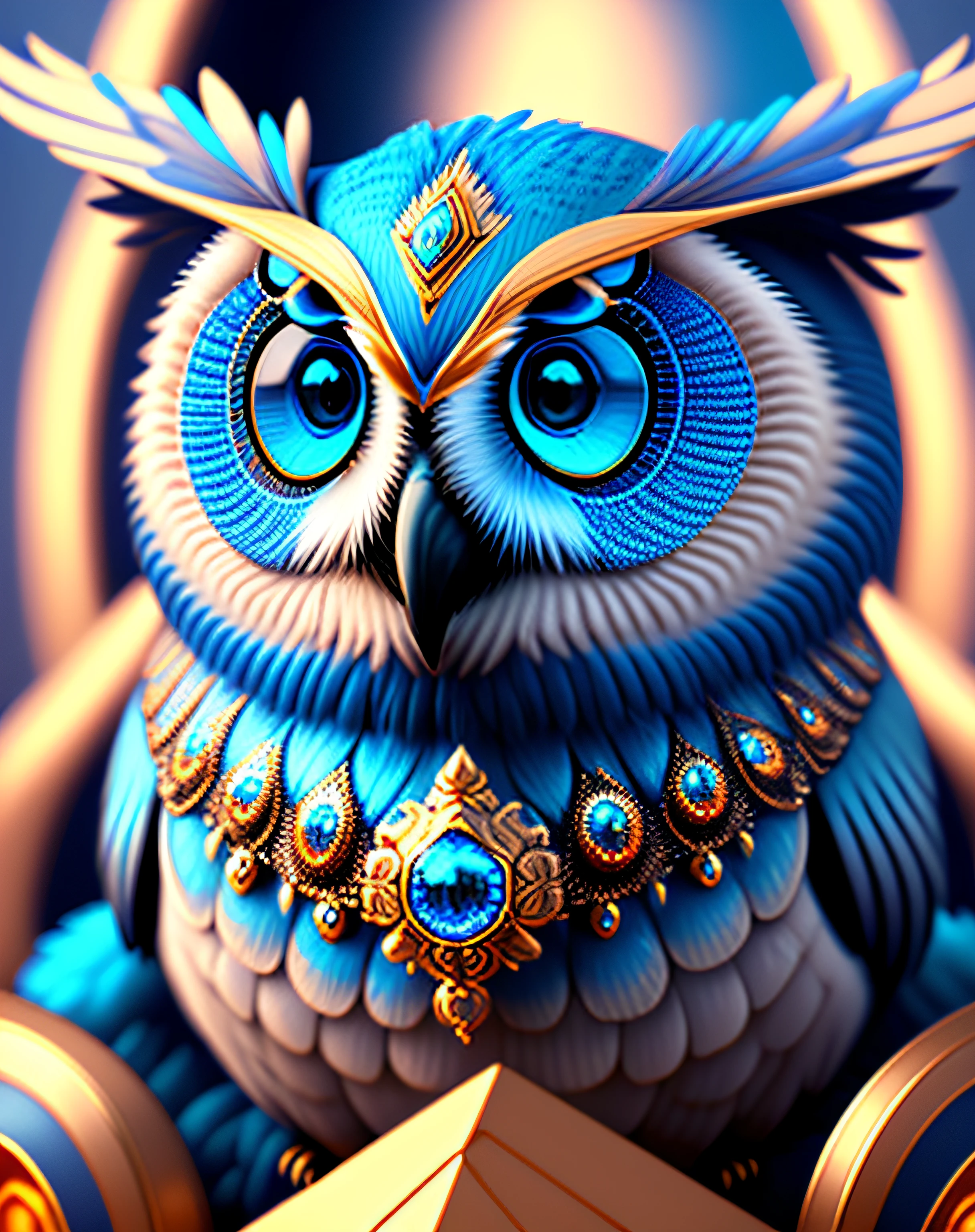 Digital painting of a blue-eyed owl, Unreal Engine render + a Goddess, highly detailed, beeple global illumination, elaborate ornate jewelry, CGIsociety, motion graphics, cross draw global illumination, cgsociety