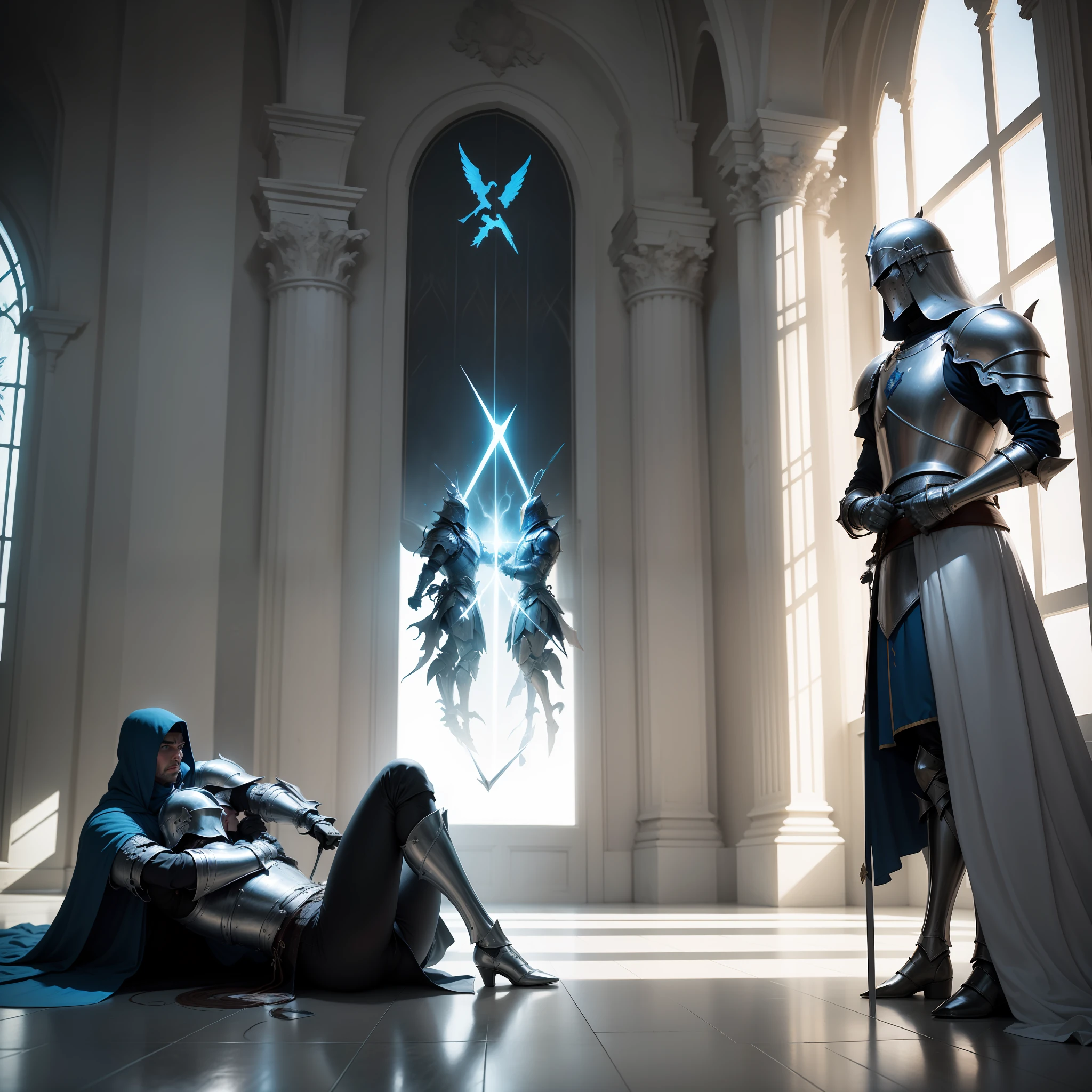 Realistic advertising photo. Two knights are fighting in a white room. The two knights are crossing their swords to form an X shape, and several new tweet windows are expanding and scattering according likes an AR space expression from between the crossing swords. Many blue birds are flying around the interior of the white room, depicting the knights in an epic battle. Black shadows stretch out at the feet of the two knights, and the shadows form the shape of an X.