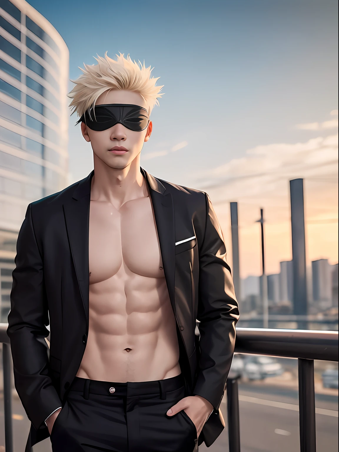 Rosto irritado, bravo, dominante, sobrancelha erguida, Serious, moderno, latex, usando roupa preta, vendado, black pants, usando venda preta nos olhos, camisa aberta, sensual, sedutor ((melhor qualidade, 8k, obra-prima: 1.3)), foco nítido: 1.2 、 (corte de camada, grande: 1.2), corpo perfeito, pale skinned, dedos perfeitos, homem bonito, magro, japanese, cabelo albino, sorriso, roqueiro, marked , Eye Mask, sorriso bobo. cabelos branco como a neve, cabelo sobre o rosto, com figura perfeita: 1.4 、 Slender Abs: 1.2、gojo satoru, /jujutsu kaisen/ alto, jovial, homem de 20 anos, : 1.5、Textura altamente detalhada do rosto e da pele, rosto maduro, com venda nos olhos, rosto quadrado, estiloso 、二重まぶた, medium hair covering the eyes, cabelo branco, franja sobre os olhos, franja sobre a face, albino. Fundo escuro, cyberpunk edgerunners, noite, night sky, railing , construction, paisagem urbana destruida. cinematiclight.