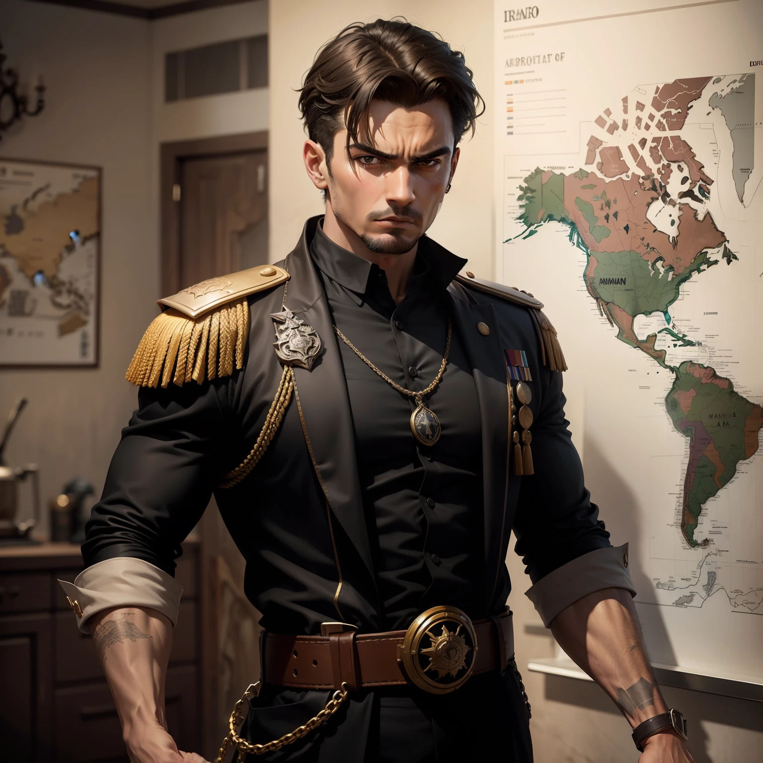 "homem branco de terno preto com detalhes brancos, expression serious, holding a detailed map with war marks in his hands. Ao fundo, A scenario of dramatic war and destruction."