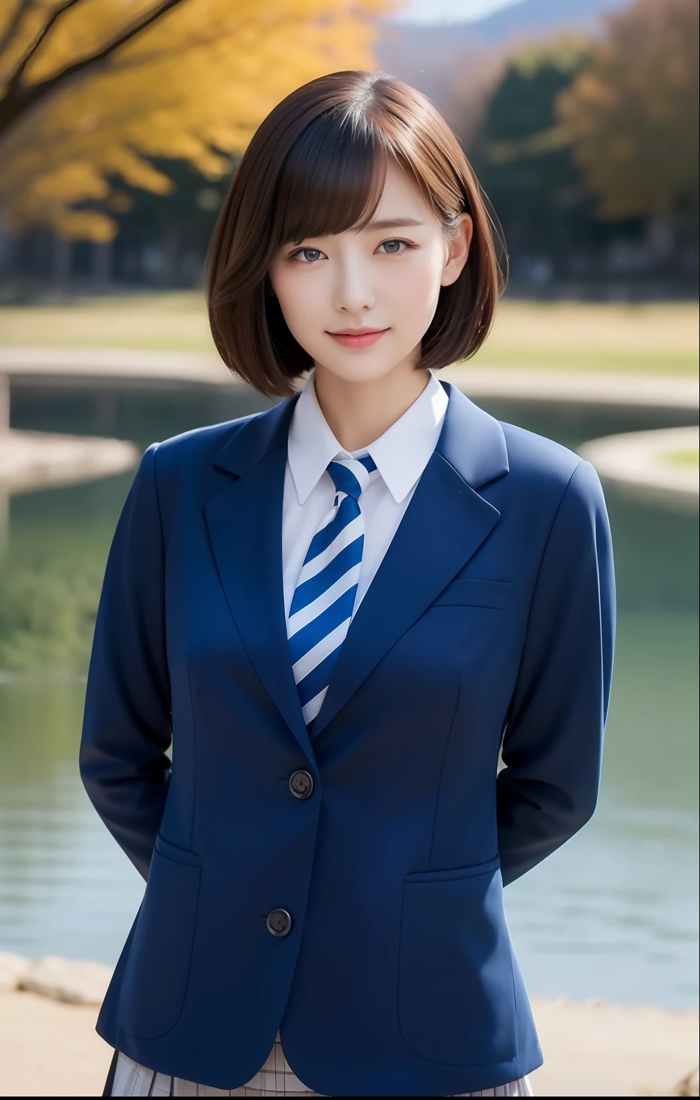 (top-quality、hight resolution、masterpiece:1.3)、Beautiful woman with slender figure、Short-cut hairstyles 、Women in Japan 、Short skirt and bow tie、Winter uniforms、cute school girl、Pendants、plein air、Scenic beauty、Autumn lake and mountains on distant background、Beautiful details of face and skin texture、Eye of Detail、(top-quality、hight resolution、masterpiece)、Beautiful woman with a slim figure、 Pendants