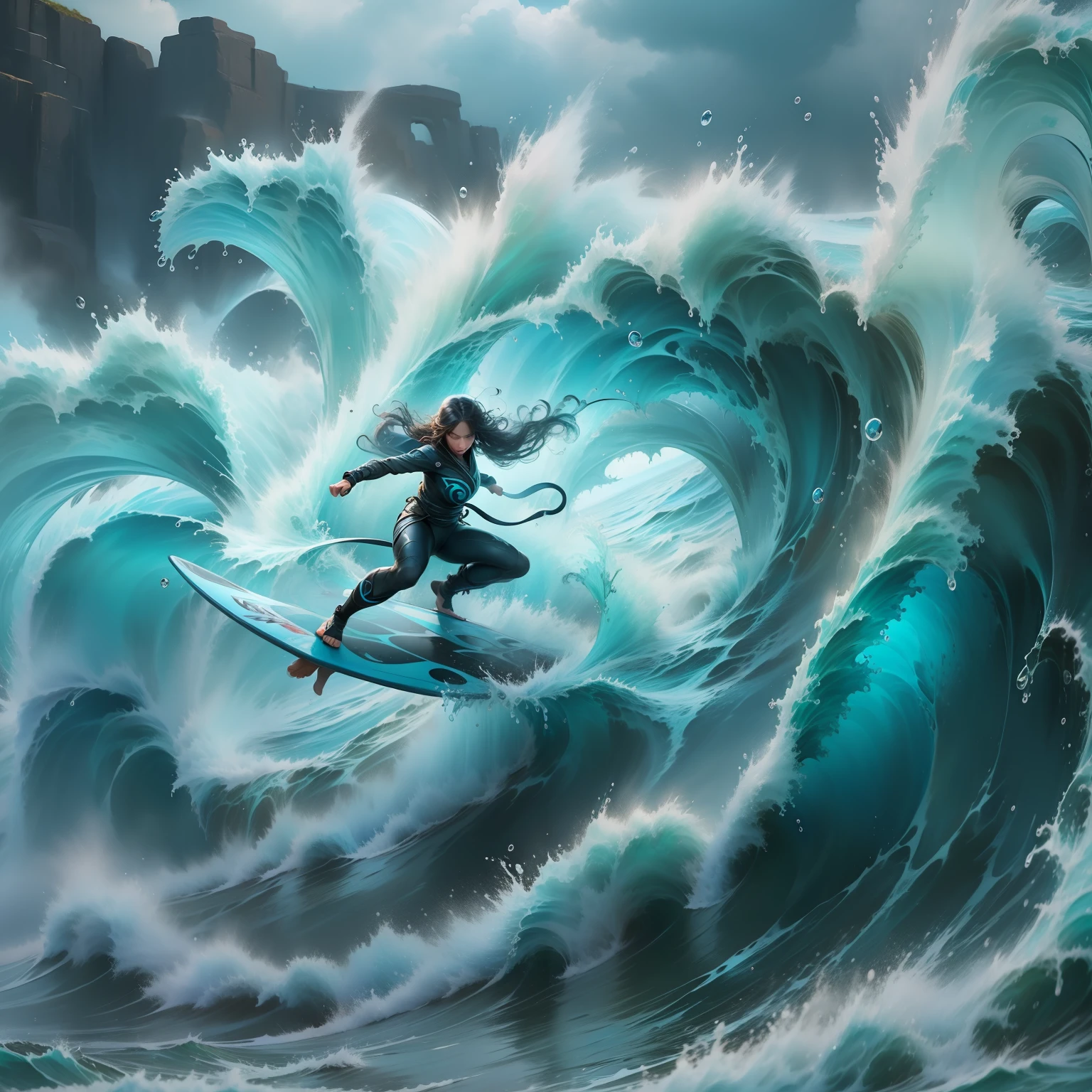 Extreme sports photography、surfing、Glide along the huge waves、Thrilling tension、pussycat、Mare、Vague、Looking at the camera、Background bubbles、High texture、Realistic effects、drippy、The cat's face is reflected in water droplets、Surfboard rides