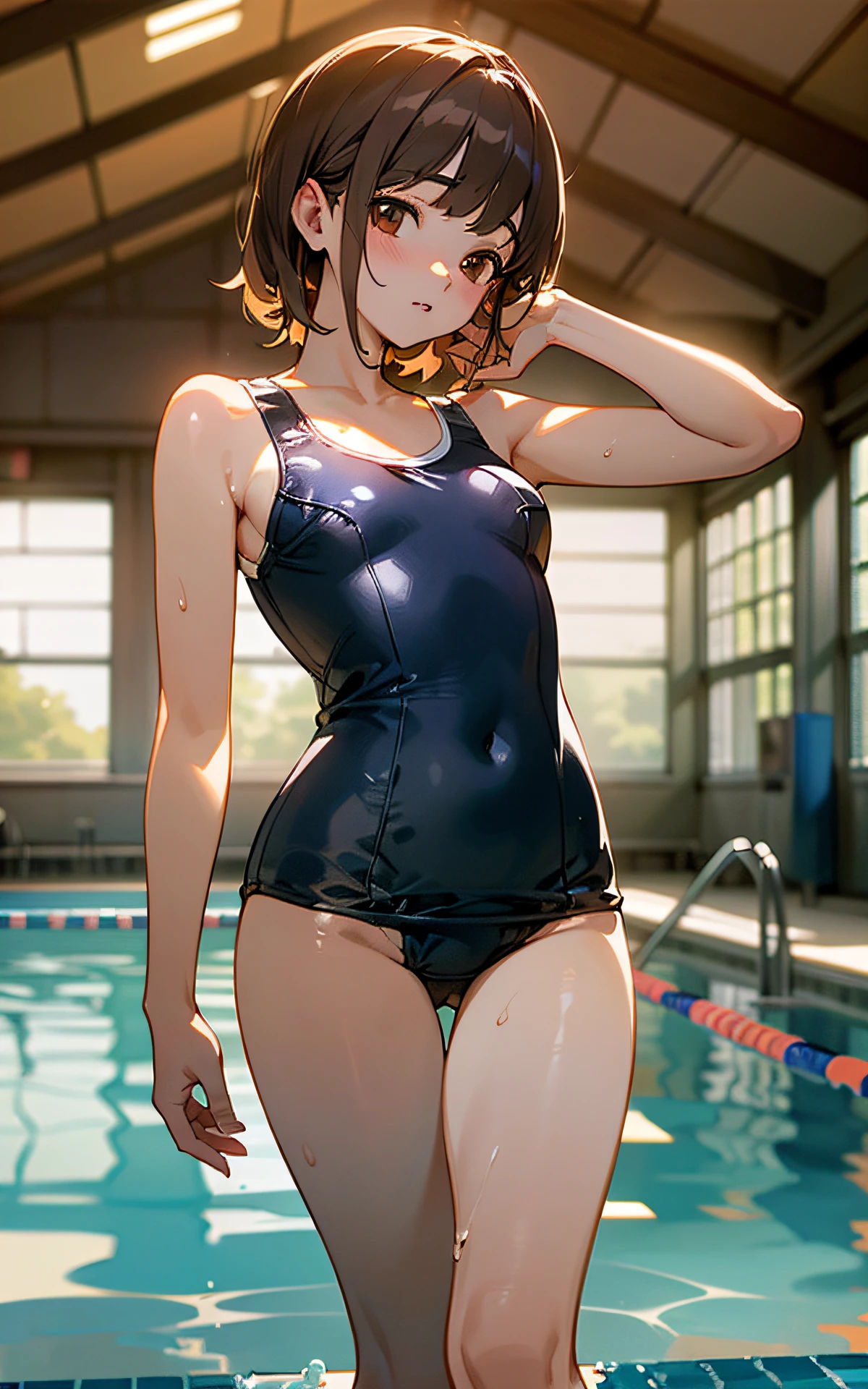 (Unity 16K Wallpaper, Masterpiece, Best Quality, Ultra-Detailed, Extremely Detailed CG, Caustics, Cinematic Lighting, Detailed, Beautiful Detailed Eyes, solo,swiming pool),Ultra High Resolution, fine skin、sexy,curby,nsfw,(school swimsuit:1.3), brown eyes、small breasts,、from behind