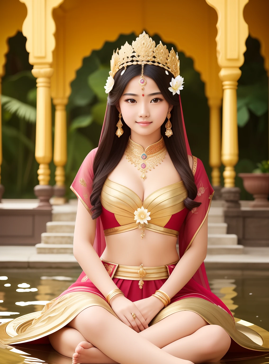 Beautiful 16 year old princess sitting on a lotus，Wearing a delicate gold crown，beautiful countenance，Pinch the flower stem with one hand，The other palm is facing outward，Light brown dress，Barefoot on both feet，Such as out of the water hibiscus，The corners of the mouth are slightly upturned，Look at the camera with a gentle expression，Gorgeous and noble costumes，8k 壁纸，Amazing Cleavage，tmasterpiece,indian goddess of wealth,Venerable goddess,Beautiful dream world，