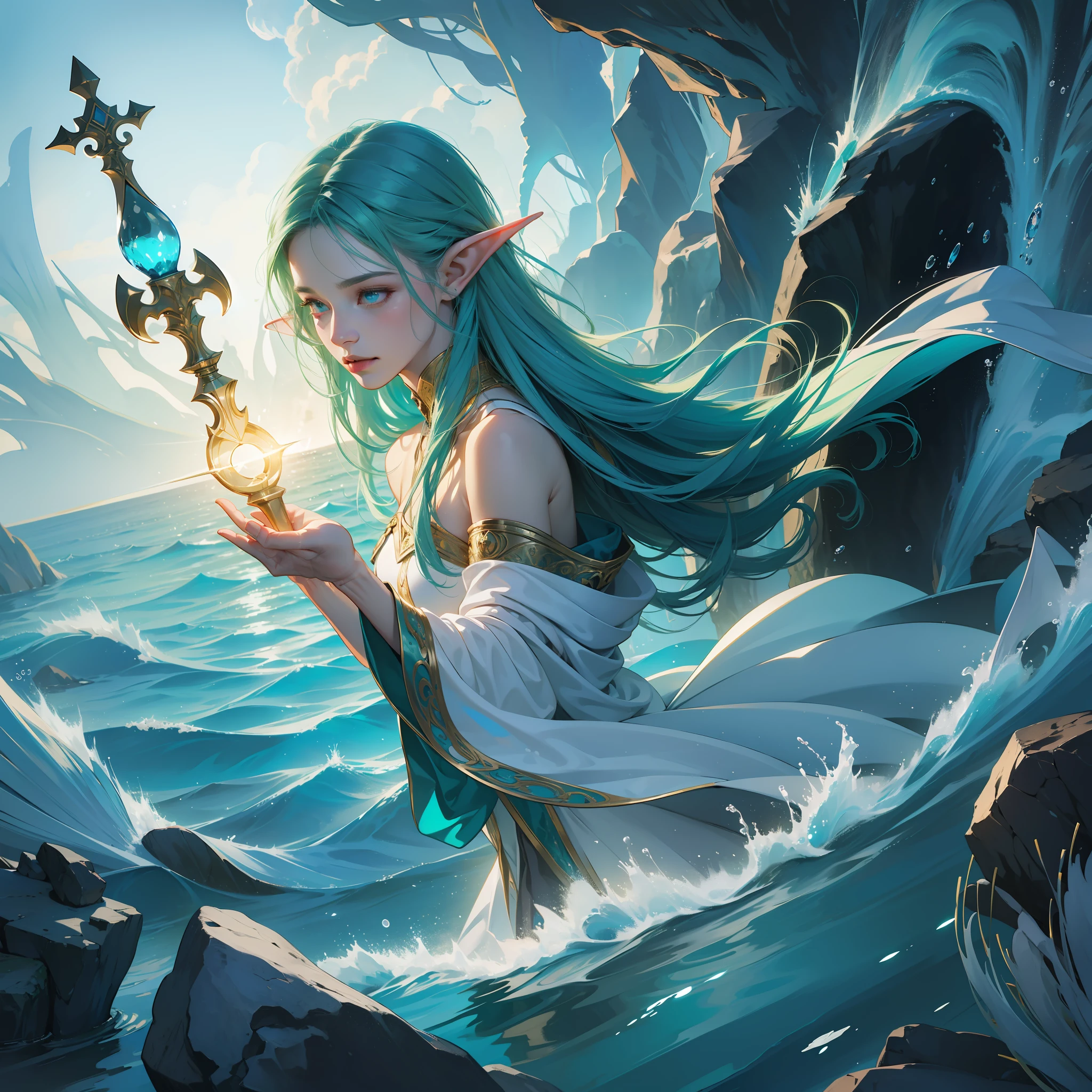 high details, best quality, 8k, [ultra detailed], masterpiece, best quality, (extremely detailed), dynamic angle, ultra wide shot, RAW, photorealistic, fantasy art, dnd art, rpg art, realistic art, an ultra wide picture of a sea elf casting water control spell (1.5 intricate details, Masterpiece, best quality) druid casting ((water control spell)), water wizard ((water magic)) ((magical light)), ((contrilong swirling mass of water)), female sea elf, blue skin, green hair, long hair, swirling hair, intense eyes,small pointed eard, ((glowing eyes)),holding a magical trident, wearing sea shell clothing, beautiful elf, underwater background, rich underwater life, fish and sea weeds, high details, best quality, highres, ultra wide angle