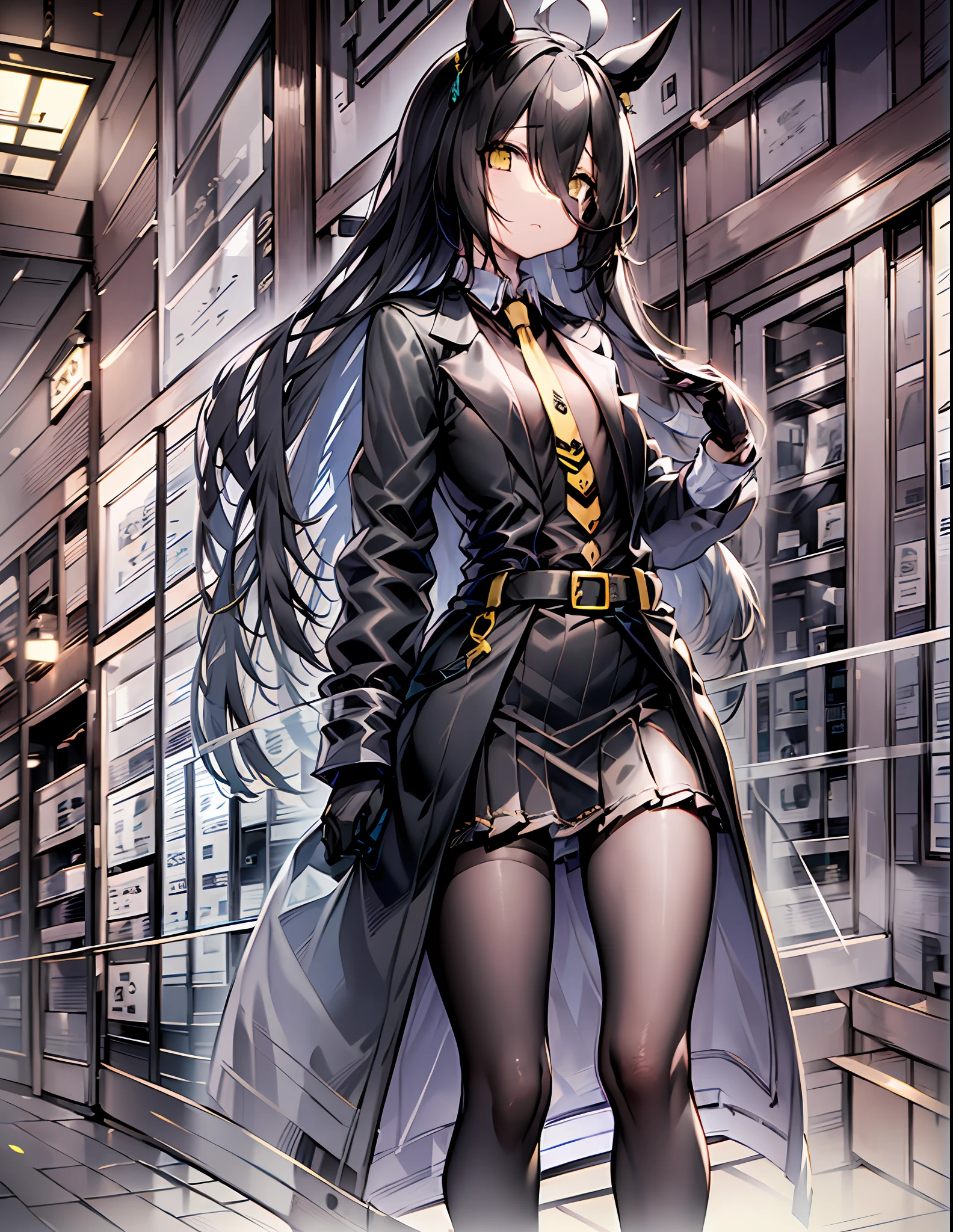 ((masterpiece))、((top-quality))、Full body wide angle、(独奏)、manhattan-cafe,manhattan-cafe(Racing Wear),、White ahoge, (Long Black Hair)、long black bangs passing between the eyes,,、Black-haired horse ears、Horse tail、Yellow eyes without highlights、(((flat chest)))、((Long coat in black))、((Black shirt))、 ((Black pantyhose))、((a black skirt))、Black Gloves、Yellow tie、a belt、a closed mouth、Does not expose the skin