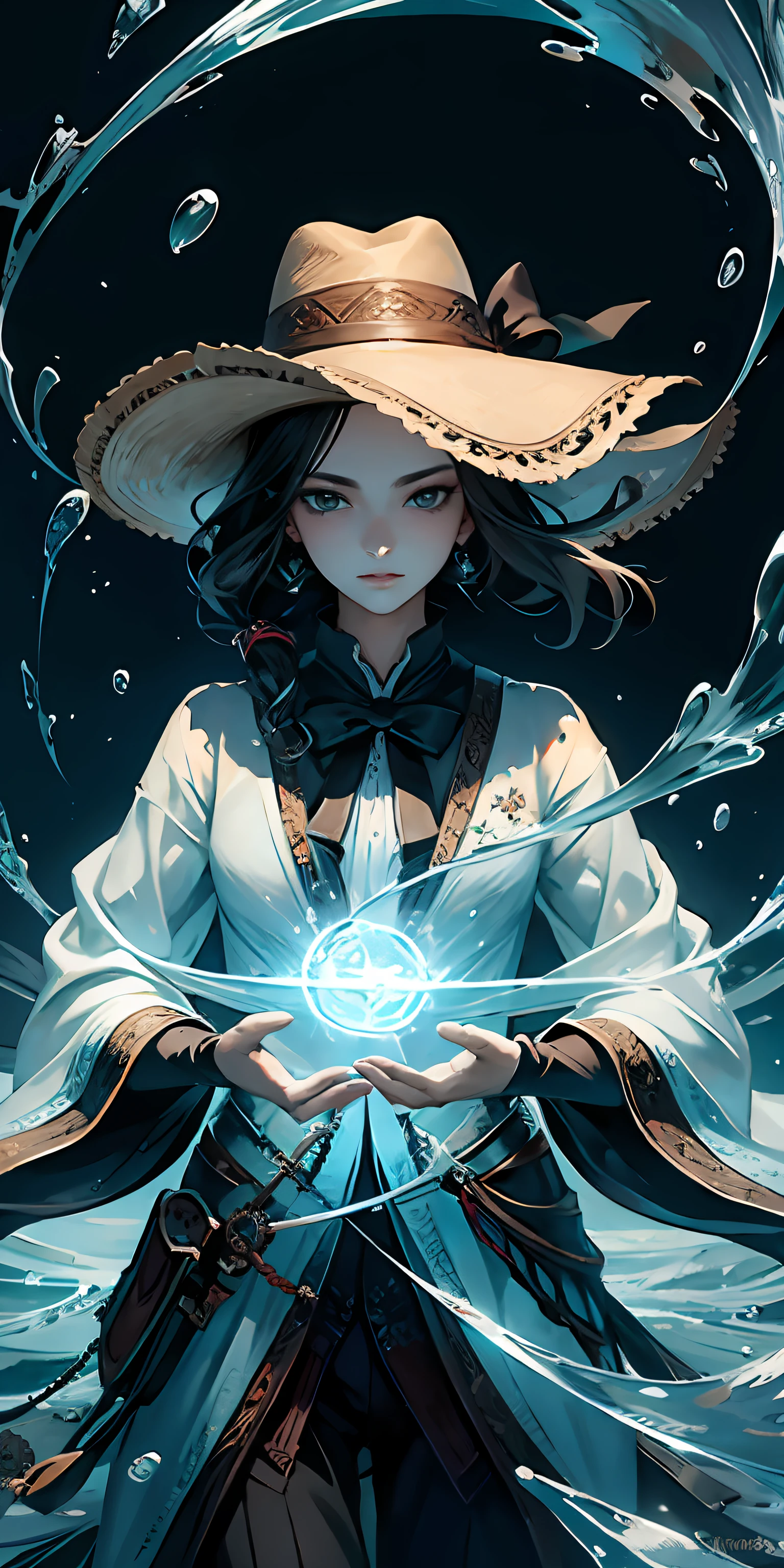 (tmasterpiece,top-quality,best qualityer,offcial art,Beauty and aesthetics:1.2),(1girll:1.3),(s fractal art:1.3),cowboy lens, Kamiasto ayaka,Floating water,with light glowing,