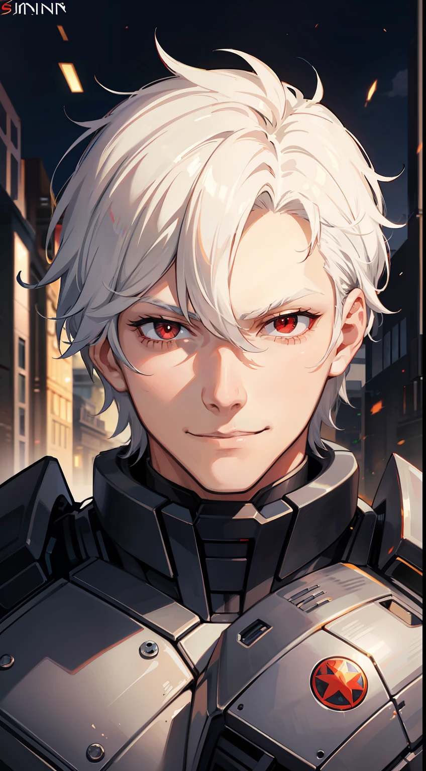 adult man, short white hair, red eyes, Decepticon armor, Starskrim, smirk, flying, Masterpiece, hiquality