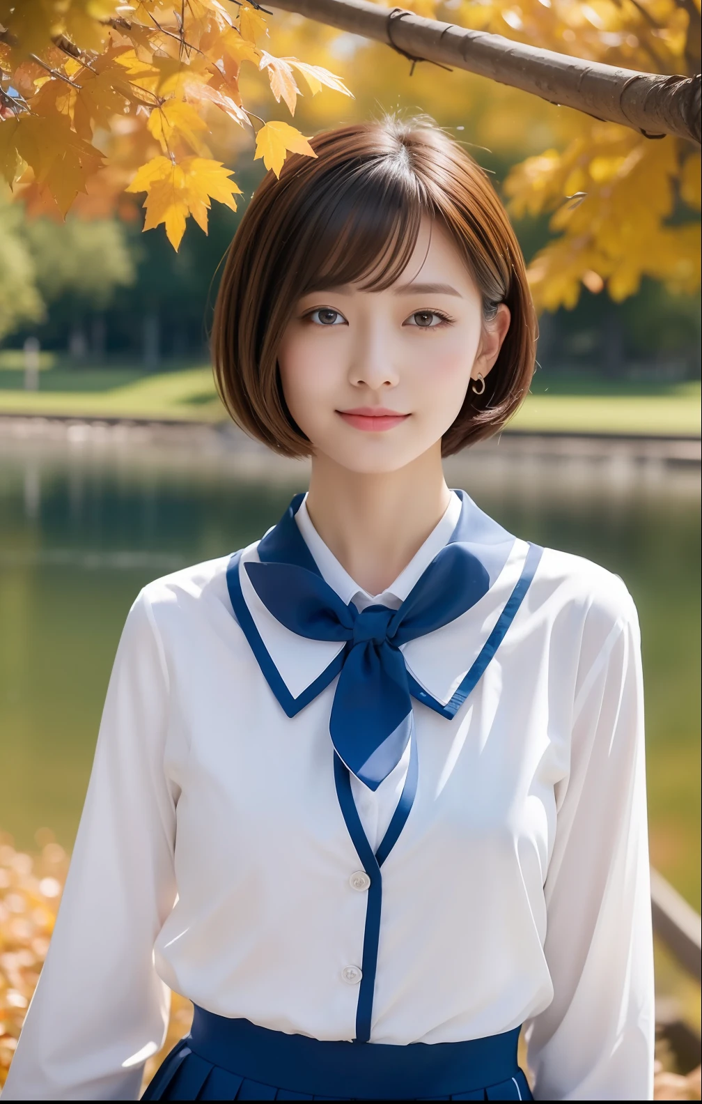 (top-quality、hight resolution、masterpiece:1.3),Short-cut hairstyles 、Women in Japan 、Short skirt and bow tie、Autumn uniforms、cute school girl、Pendants、plein air、Scenic beauty、Autumn lake and mountains on distant background、Beautiful details of face and skin texture、Eye of Detail、(top-quality、hight resolution、masterpiece)、Beautiful woman with a slim figure、 Pendants