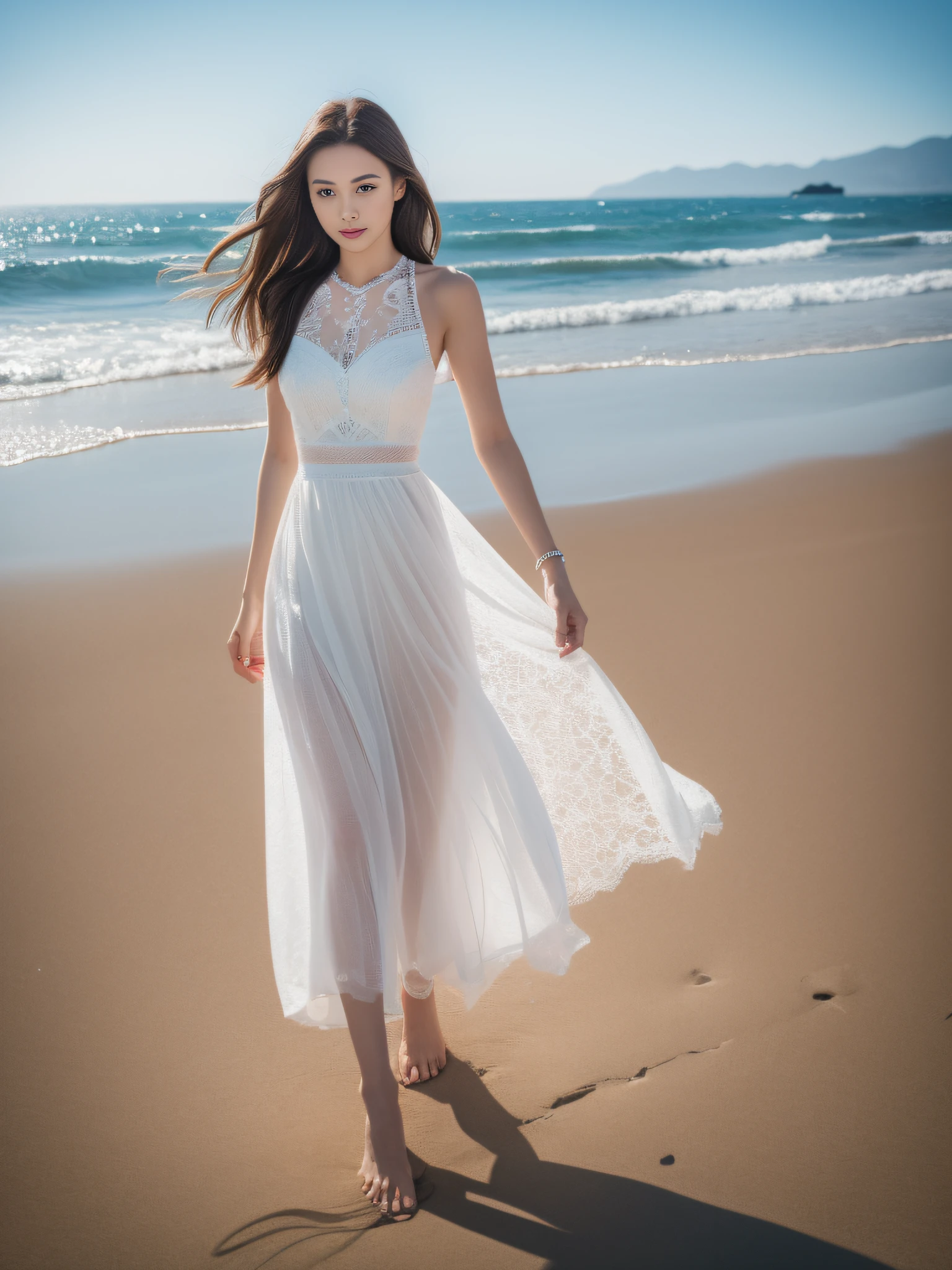 (best qualtiy,8K,32K,tmasterpiece,,realisticlying,The is very detailed, hyper HD:1.2), springtime,1girl, Stand on the golden sand,light wind,Long silky hair,with fair skin,With a faint flush,Light white dress,The skirt gently flutters with the sea breeze,Slender legs,The neckline of the dress is trimmed with lace,A light blue pearl bracelet,