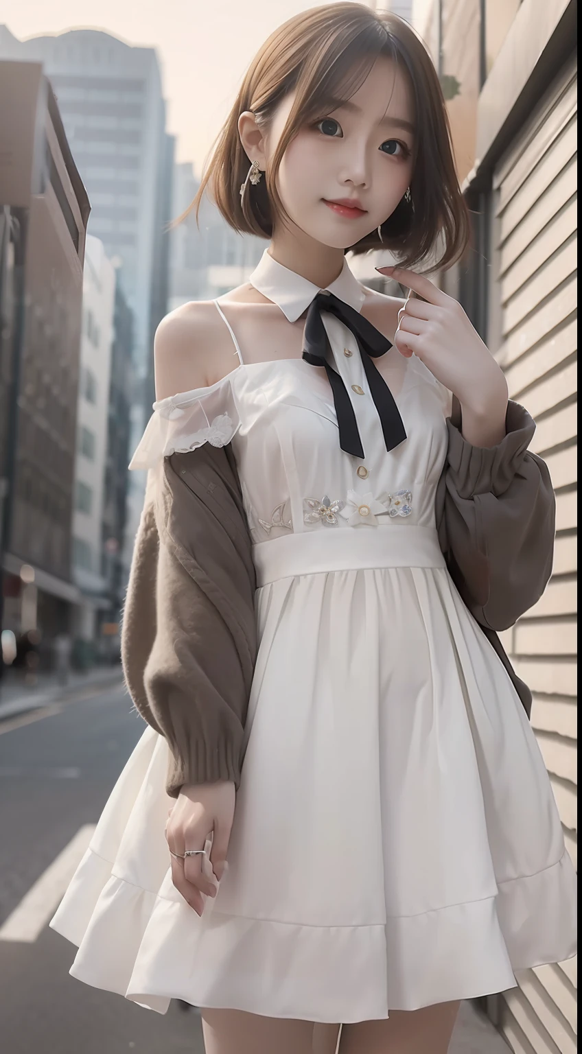 1girll， 独奏， （white dresses：1.4）， greene eyes， shift dresses， looking_at_viewer， neck_ribbon， adolable， Clear facial skin， （best qualtiy）， （tmasterpiece：1.1）