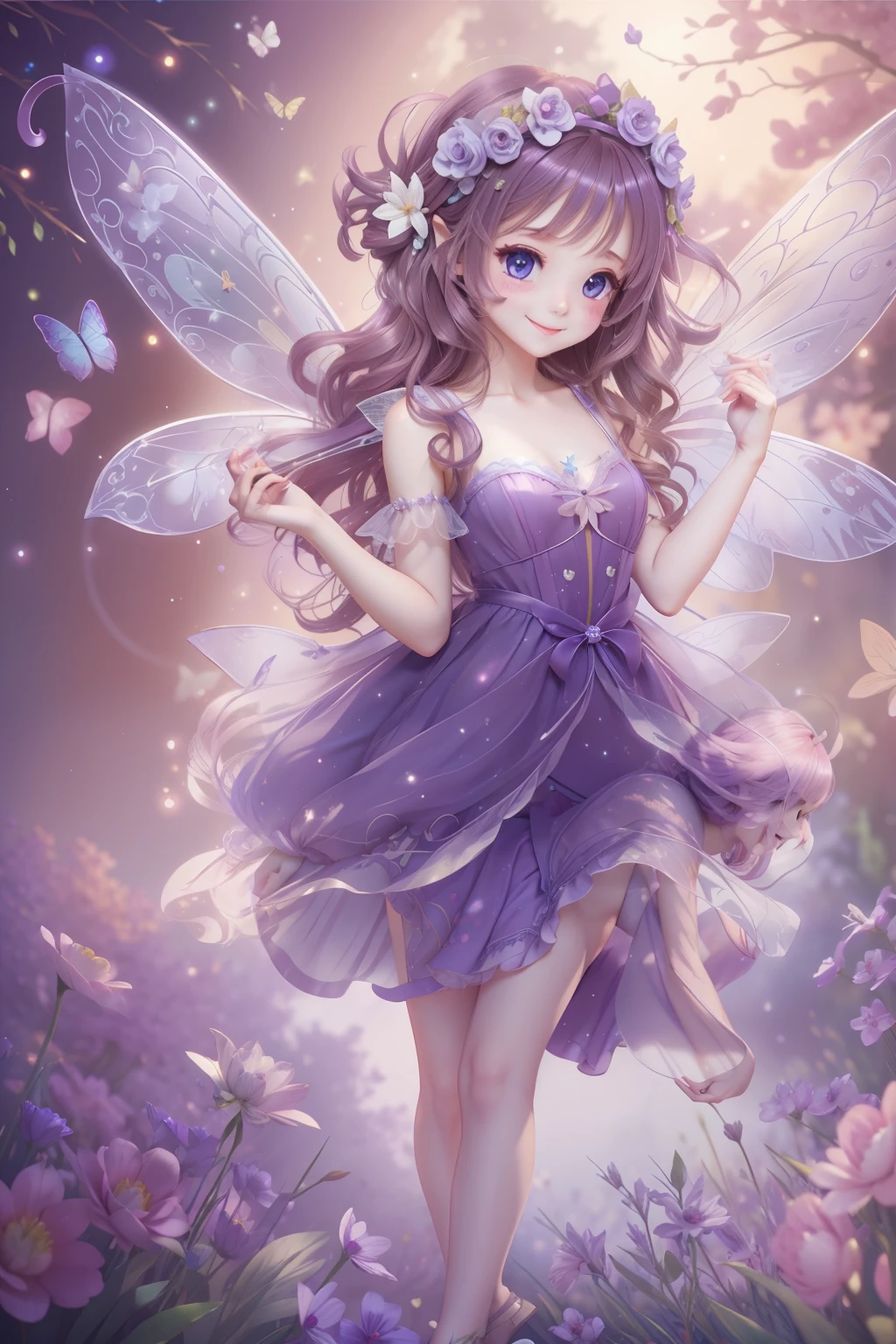 Cute fairy with a sense of transparency、Bright smile、Have fun playing、Beautiful background、Bright background、Purple background、Beautuful Women