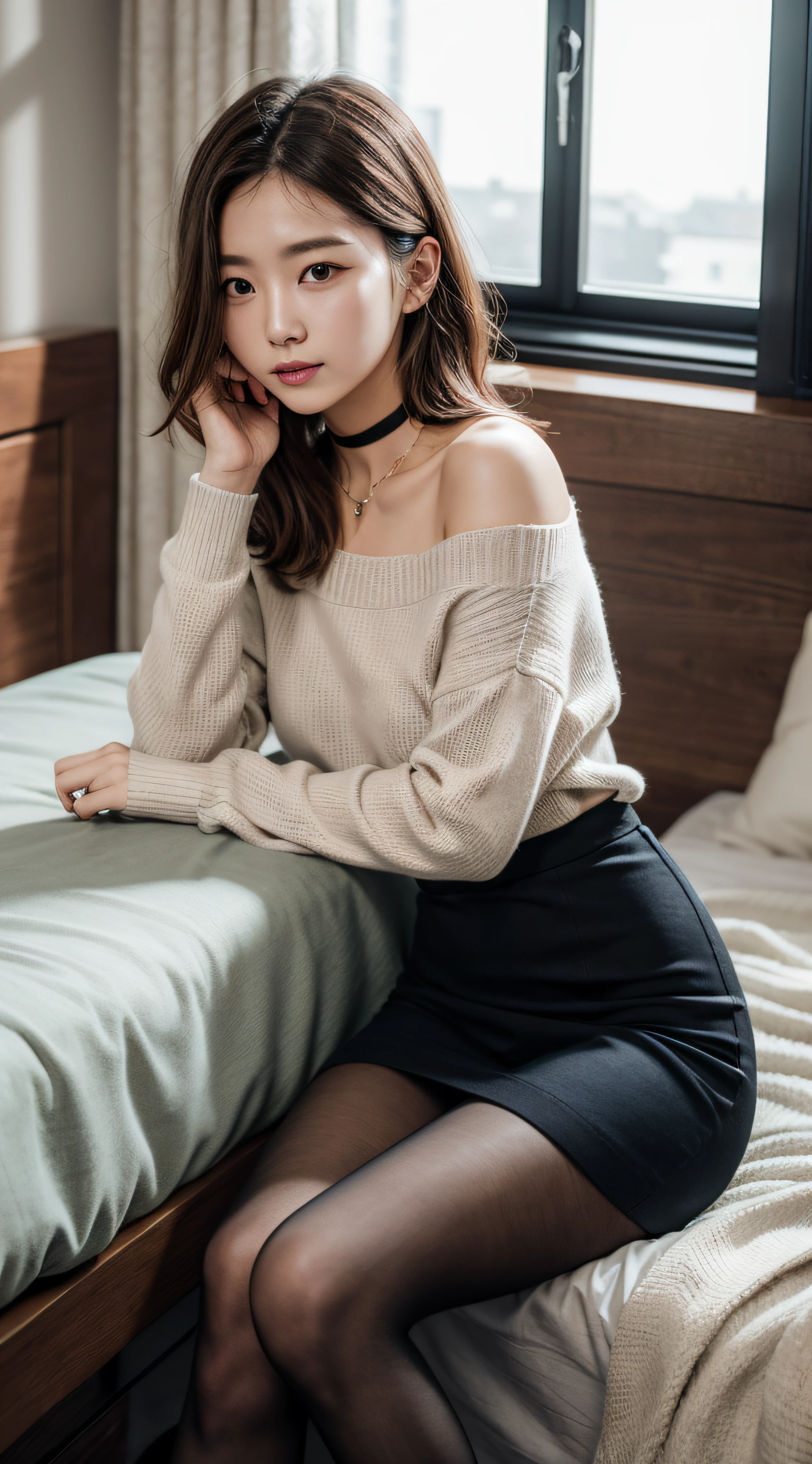8K UHD, digital SLR camera, filmgrain, FUJI XT3,(best qualtiy:1.3), (tmasterpiece:1.1), A high resolution, cinematric light, Complicated details, (realisticlying), takeout, Beautiful outside, and the sun was shining brightly,
A woman with Korean charm that remains,(In the café:1.5) , dimple, short detailed hair, looking at viewert, Detailed trees, ribbons,high-heels, exposed bare shoulders, ribbed sweater,
pencil skirts,high waist skirt,head rest,sitted,inside in room,
choker necklace,black pantyhoses,Bed linen transport sweater,(ssmile),(full bodyesbian:1.6),Slender,
