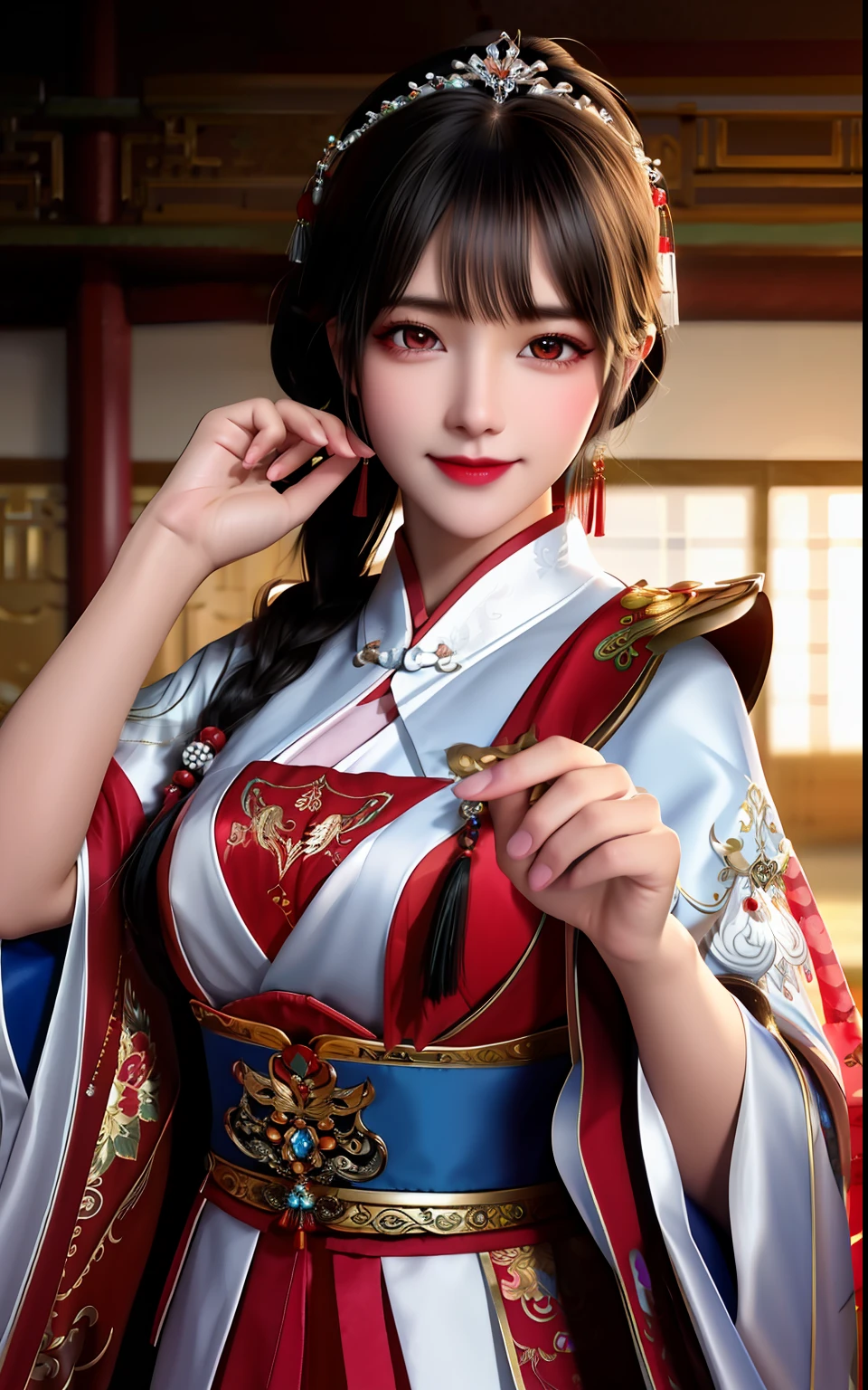 Best quality, Masterpiece,Upper body, loft, theater stage,1 girl, Mature woman, Chinese style, Ancient China, sister, Dancer, Smile, brunette color hair, Princess cut, Fried dough twisted braid, Coiled hair, Double ball head,Streamers, Light pink lips, calm, Intellectual, Red eyes, nipple tassels, Silver, Beads, Flowers, offcial dress, capes, Silk skirt, Embroidery, Fine face, facial closeups, Close-up of the hand,Colorful clothes,Beautiful face,Photorealistic, rim lit, twotonelighting,(highdetailskin:1.2), 8K  UHD, Digital SLR, Soft lighting, High quality, voluminetric lighting, photographed, high resolution, 4K, 8K, Bokeh