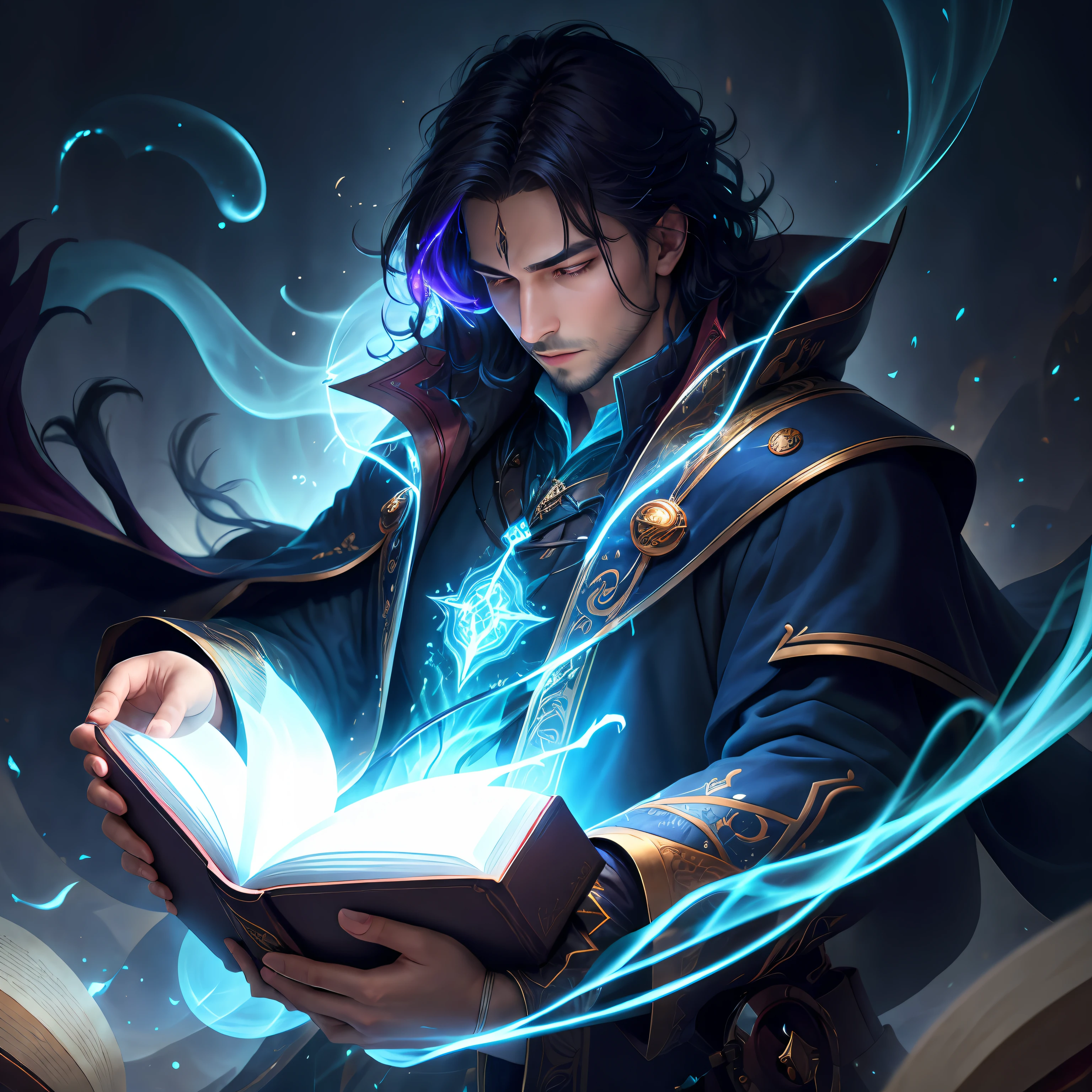 "Mesmerizing blend of dark chaos and radiant light aura surrounding a man, evoking a captivating atmosphere, with a floating magic book."