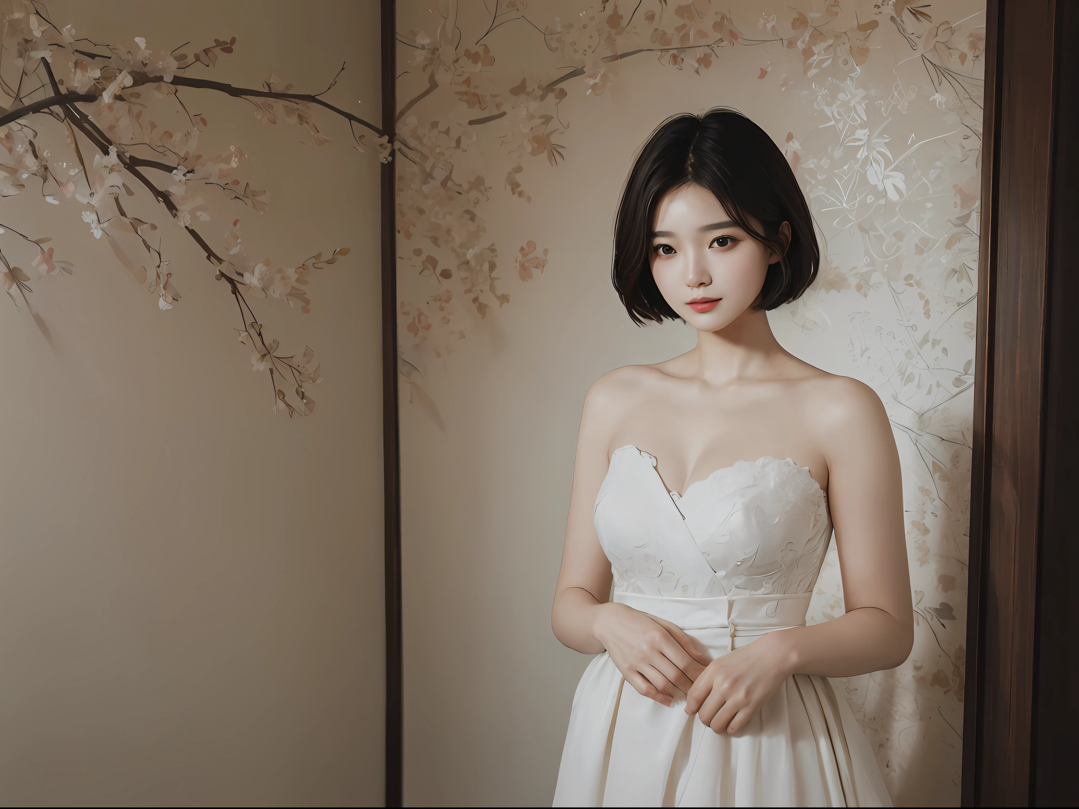 masterpiece、The highest image quality、hightquality、Beautuful Women、japanes、Popular Korean Makeup、detaileds、Swollen eyes、A detailed eye、Detailed skin、Beautiful skins、超A high resolution、(Realistis:1.4)、very extremely beautiful、Slightly younger face、Beautiful skins、thin-waist、(A hyper-realistic)、(illustratio)、(hight resolution)、(8K)、(ighly detailed)(The best illustrations)、(beautifully detailed eyes)、(ultra-detailliert)、(wall-paper)、(详细的脸)、looking at the viewers、fine detailed、 A detailed face、pureerosfaceace_v1、a smile、Looking straight ahead、photos realistic、Bright lighting、profetional lighting、A dark-haired、(((very_short_hair)))、brightly lit room、painterly、picture frame