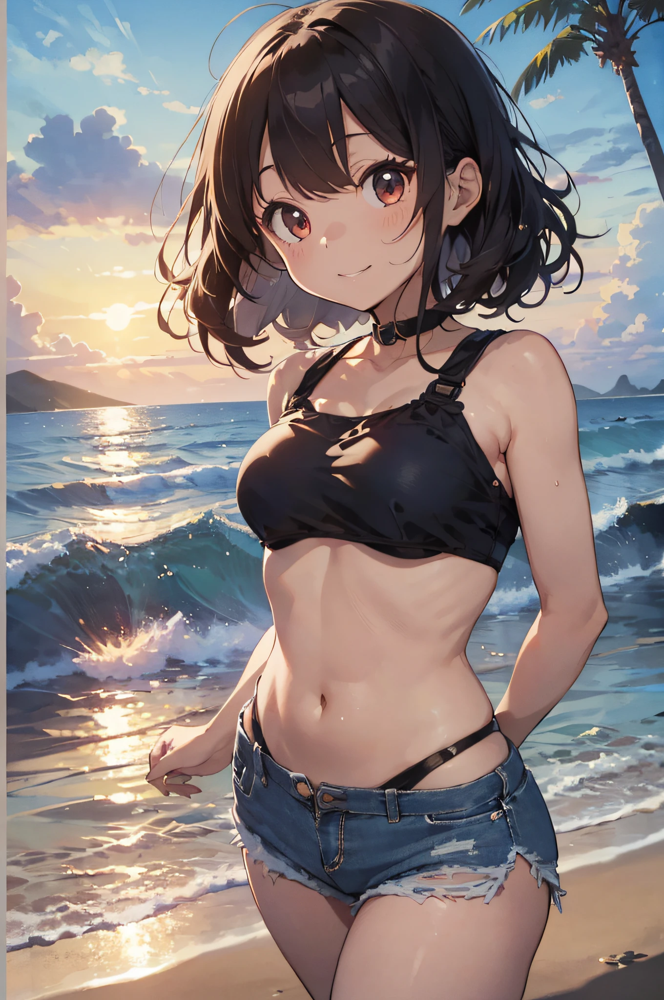 （（（​masterpiece））、（（（top-quality））、（（extremely delicate and beautiful））、（Highly detailed CG Unity 8K wallpapers：1.3）、very delicate light、（Back lighting）、（steampunc）、

/=、
(((cowboy body))、(1loli:1.3)、独奏、(小柄)、(small tits)、Yellow swimsuit、High Waist Shorts、Vermilion hair、red eyes、耳环、(Wavy Curly Shorthair)、(Ahoge)、(Cute face:1.114)、(finely eye:1.15)、(cute  face:1.114)
、（Beautiful fine eyes and beautiful face：1.15）、
Girl with a smile、Look happy in a beautiful tropical landscape。Behind her the sun went down、Bring a warm glow to the scene、It creates a dreamy atmosphere。In the distance、Palm trees swaying in the breeze、sand beach、suns、the beach、mare、Horizon, etc.、It creates a laid-back retro atmosphere。

Highly detailed ray-traced wakame seaweed、wakame、wakame、wakame、wakame、wakame、wakame、