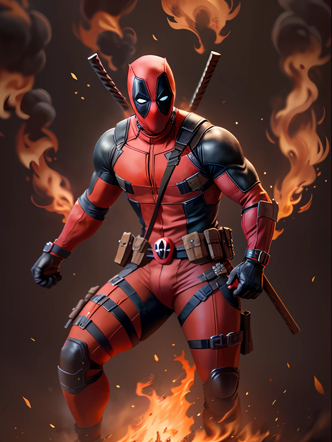 cinematic shot of realistic deadpool , surounded by fire, seamless, epic, cinematic, intricate detail, award winning, great lighting, shading, high quality, detailed