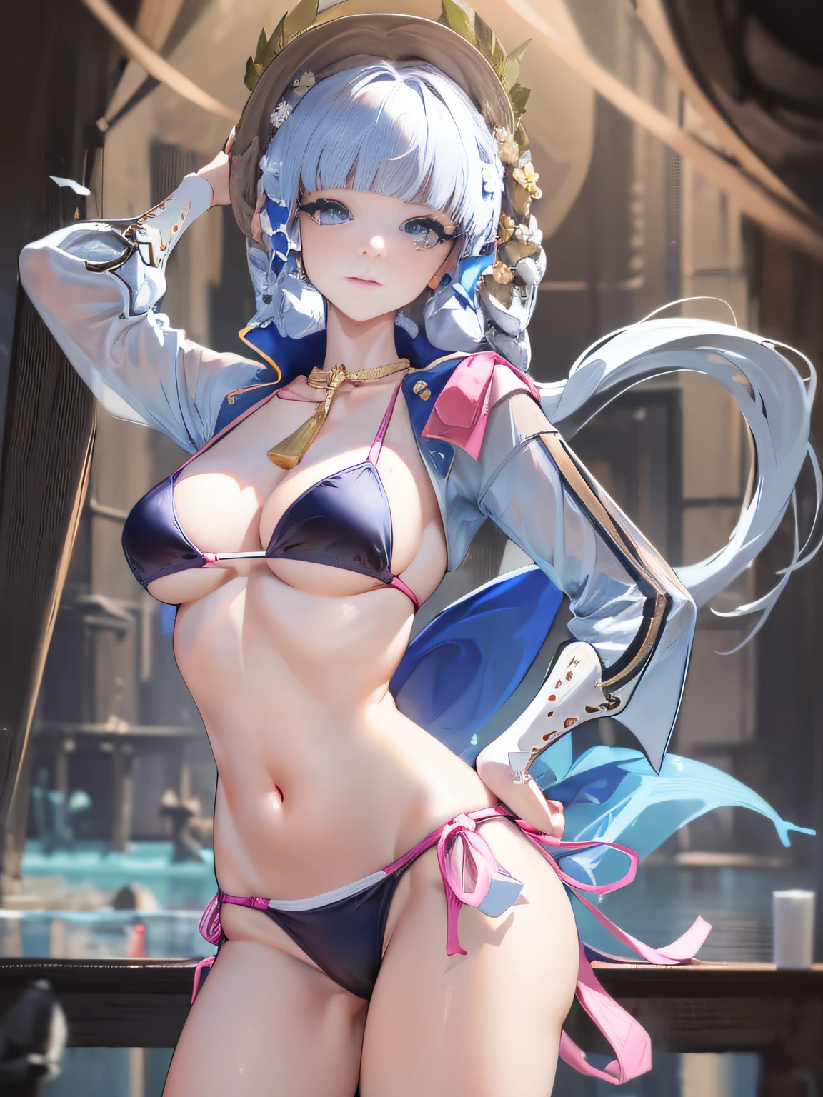 (NSTDA.:1.2), (10, beste-Qualit, master-piece: 1.4), ultra-high resolution, (lifelike, photorealistic portrait: 1.48), 20 age, Cute Girl, (See through the microcolor bikini beetle:1.48), Famous Japanese actors, (hair over one eye:1.3), Blue Eyes, Head tilt, cowboy shot, from the side, looking at the audience, expressionless, Beautiful lake, Zeiss 150mm F/ 2.8 Hasselblad,  Whole body, foot, Ultra-Wide Angle