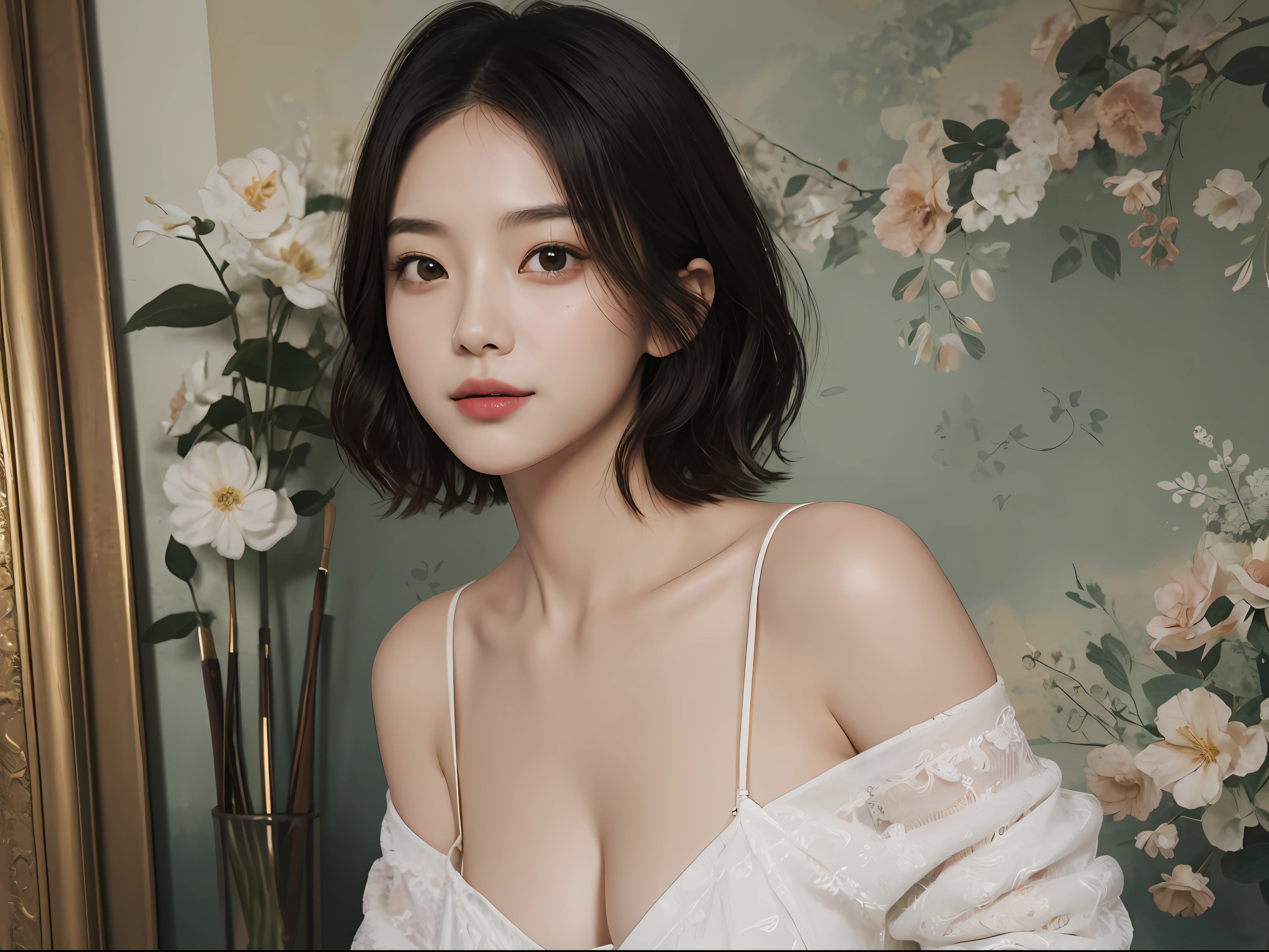 masterpiece、The highest image quality、hightquality、Beautuful Women、japanes、Popular Korean Makeup、detaileds、Swollen eyes、A detailed eye、Detailed skin、Beautiful skins、超A high resolution、(Realistis:1.4)、very extremely beautiful、Slightly younger face、Beautiful skins、thin-waist、(A hyper-realistic)、(illustratio)、(hight resolution)、(8K)、(ighly detailed)(The best illustrations)、(beautifully detailed eyes)、(ultra-detailliert)、(wall-paper)、(详细的脸)、looking at the viewers、fine detailed、 A detailed face、pureerosfaceace_v1、a smile、Looking straight ahead、photos realistic、Bright lighting、profetional lighting、A dark-haired、(((very_short_hair)))、brightly lit room、painterly、picture frame