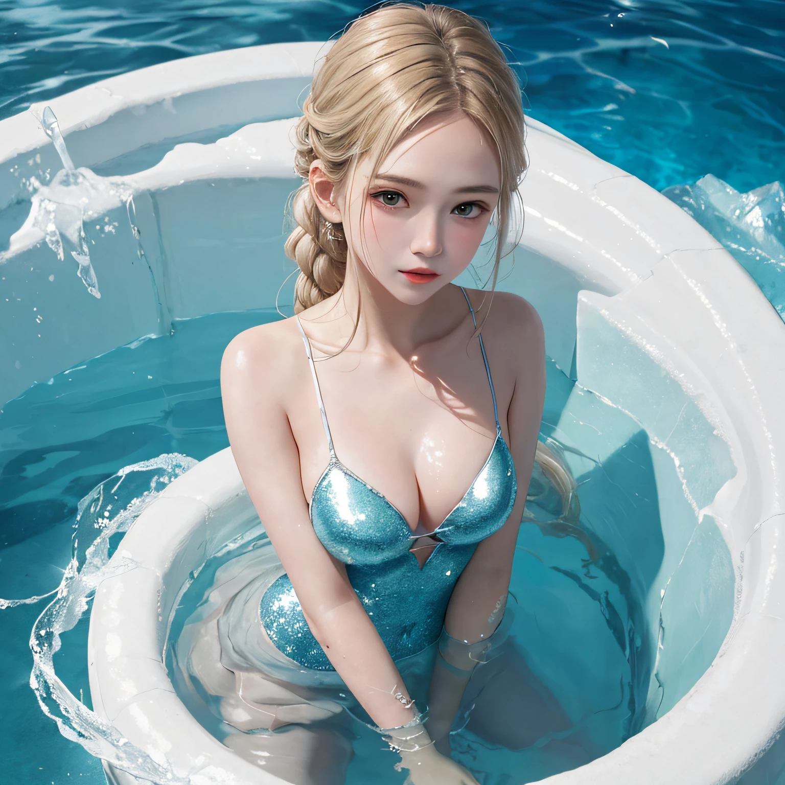 (in 8K, RAW Photos, of the highest quality, Masterpieces: 1.2), (Realistic, Photorealistic: 1.37), Highest Quality, Ultra High Resolution, light leaks, Dynamic lighting, Slim and smooth skin, (Full body:0.8), (Soft Saturation: 1.6), (Fair skin: 1.2), (Glossy skin: 1.1), Oiled skin, 18 years old, In the deep sea、a large amount of foam、Swimming、Sparkling white blonde、entranceway、Ice blocks、Ice Sparkle、Diamond Dust、Frozen