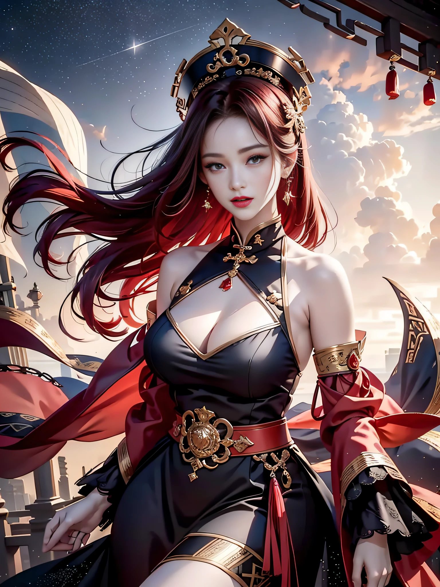 Girl, young and beautiful, tall and beautiful, fair face, perfect features, tall and beautiful, fair skin, good figure, heroic and valiant, heroic and valiant, wearing ancient Chinese armor, female general, Chinese landscape background, standing on the top of the mountain, 500 years ago, starry night, realistic, detailed, 8k, mix4,   red_dress,starry sky, fire, red hair, solo, hair ornament, long hair, red eyes, jewelry, earrings, dress, bare shoulders, red lips, upper body, white background, facial mark, crescent, lipstick, forehead mark, looking at viewer